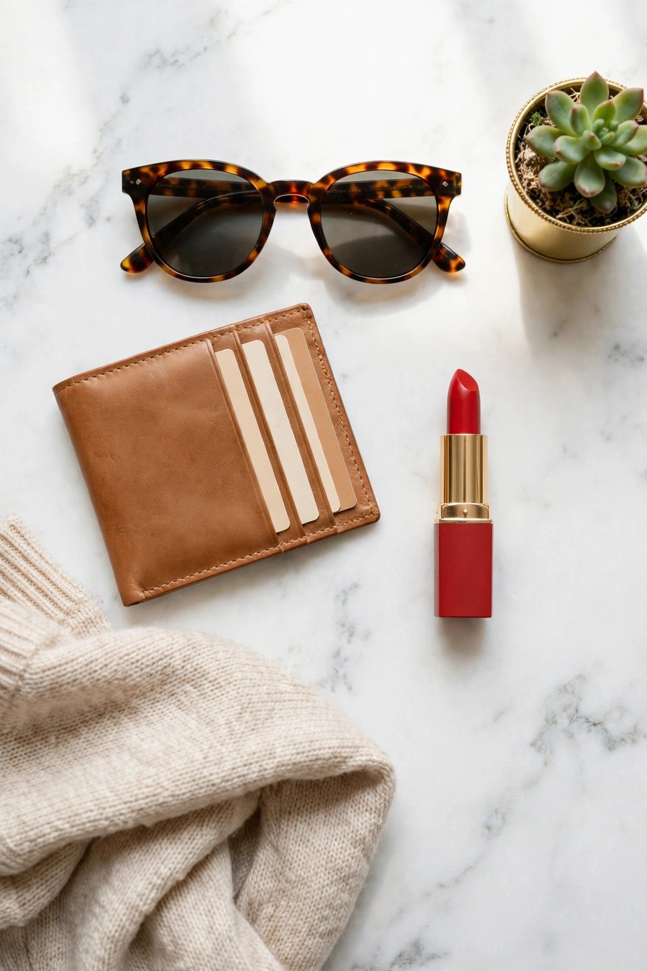 christmas gifts for women - leather wallet sunglasses and lipstick flat lay