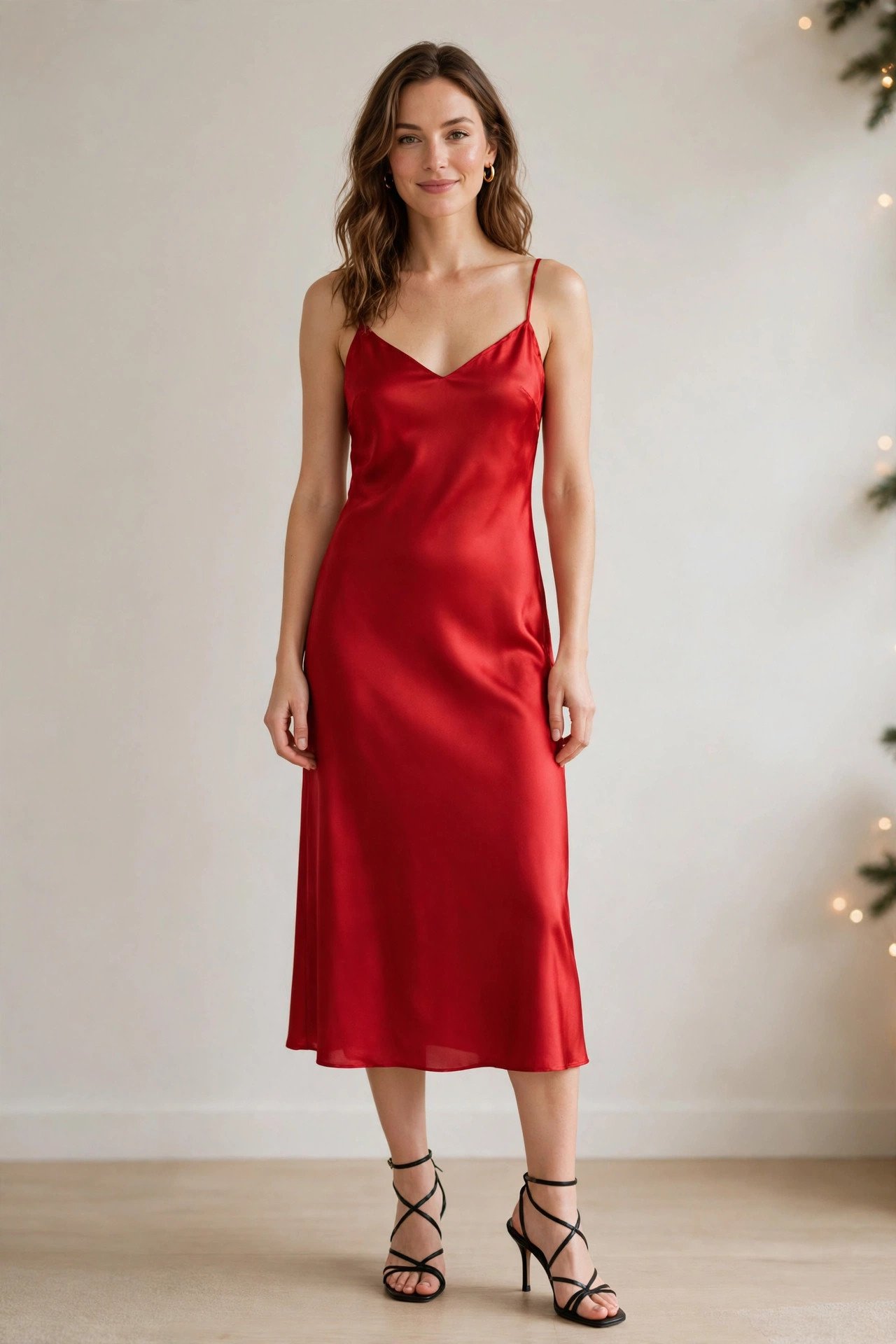 christmas party outfits - red satin slip dress with heels