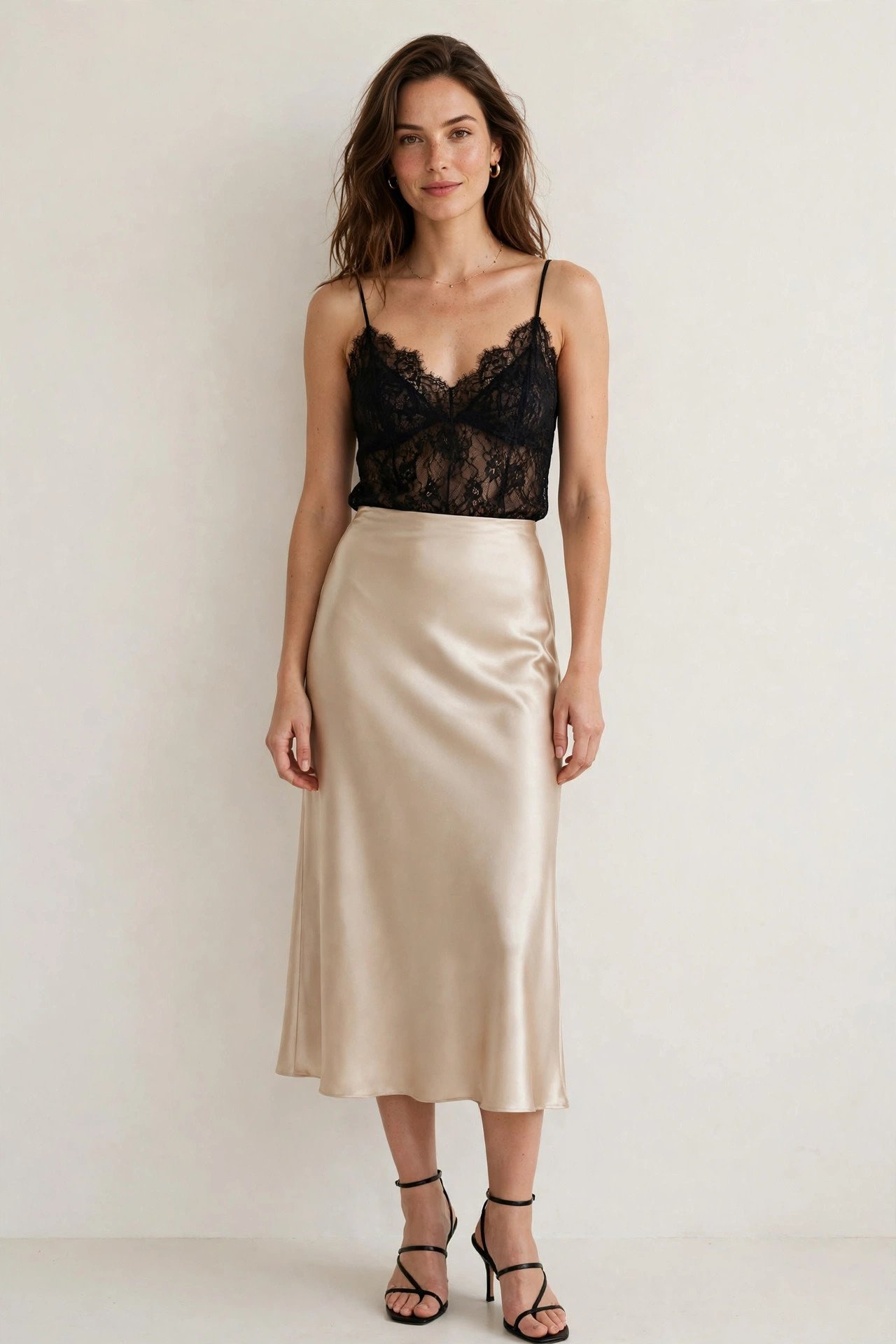 christmas party outfits - black lace top with satin skirt