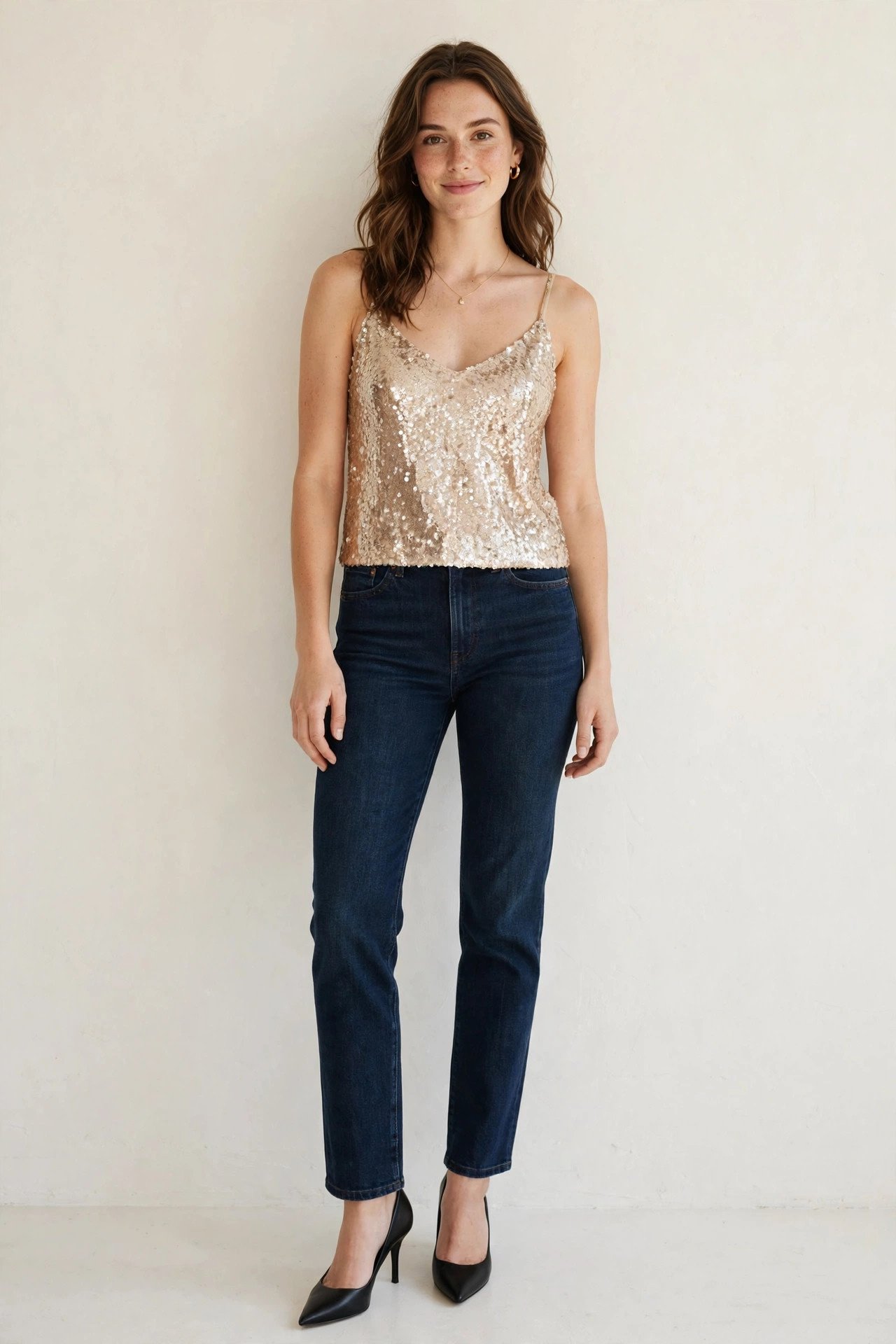 christmas party outfits - champagne sequin top with dark jeans