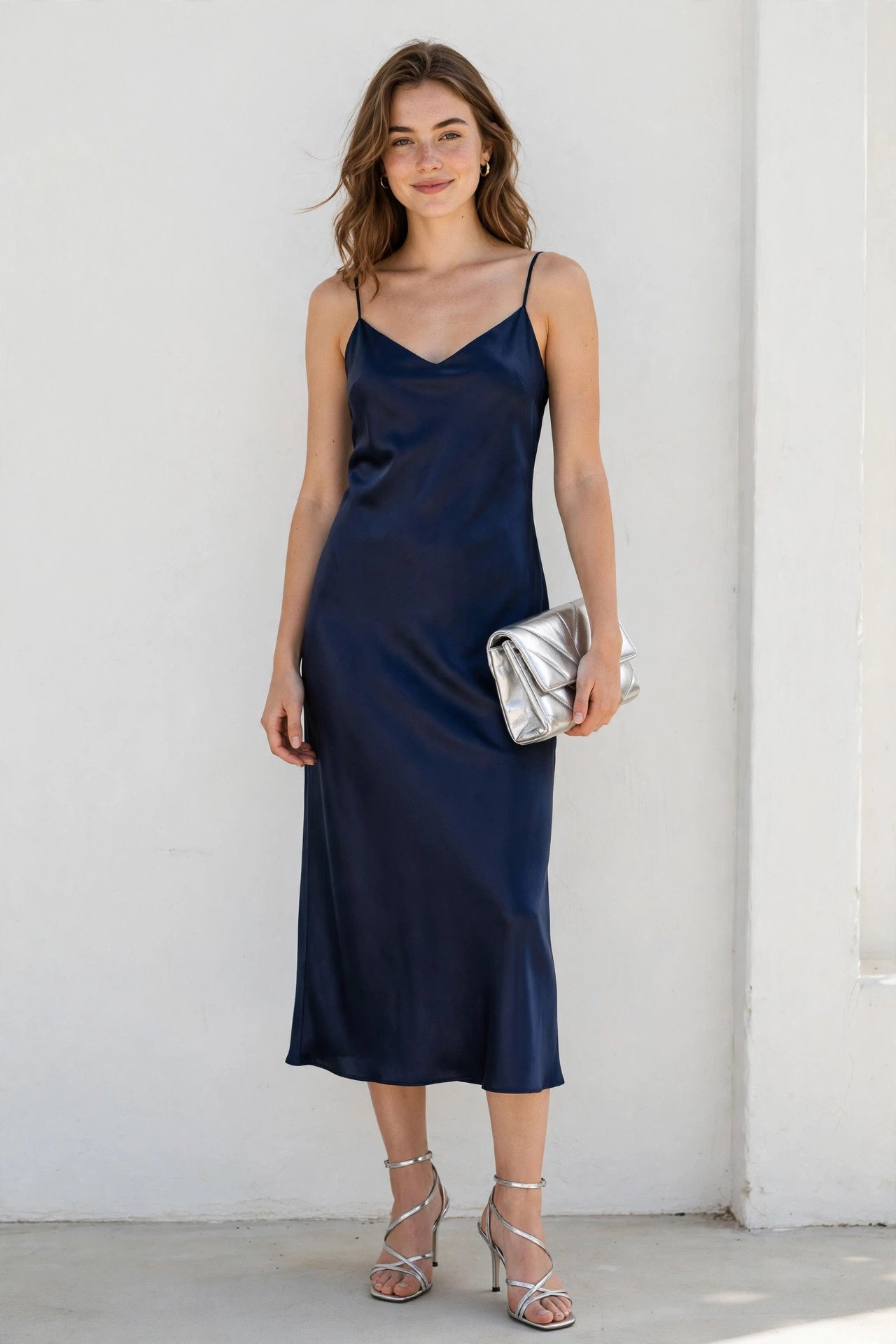 christmas party outfits - navy satin midi dress