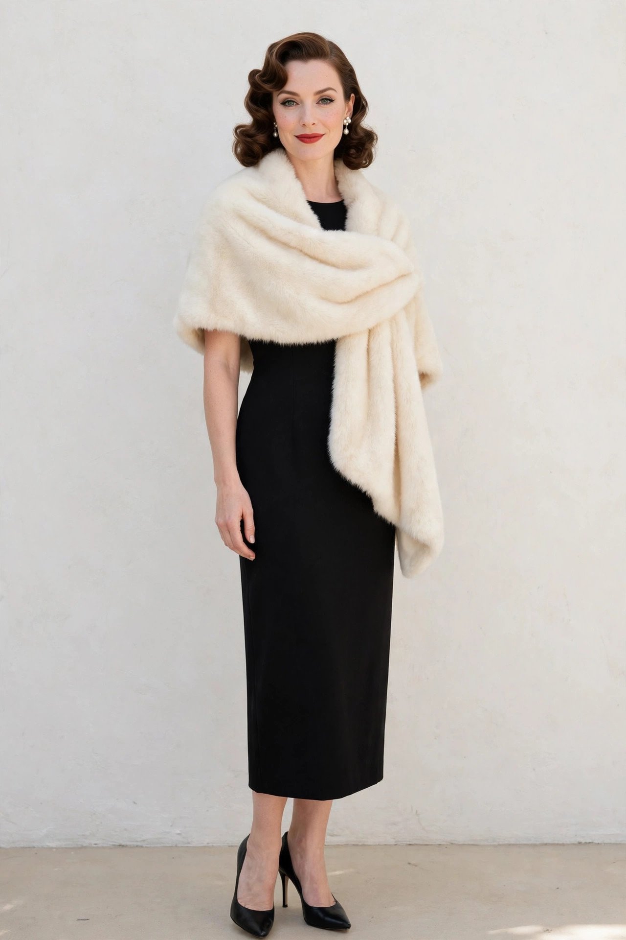 christmas party outfits - faux fur stole with black sheath dress