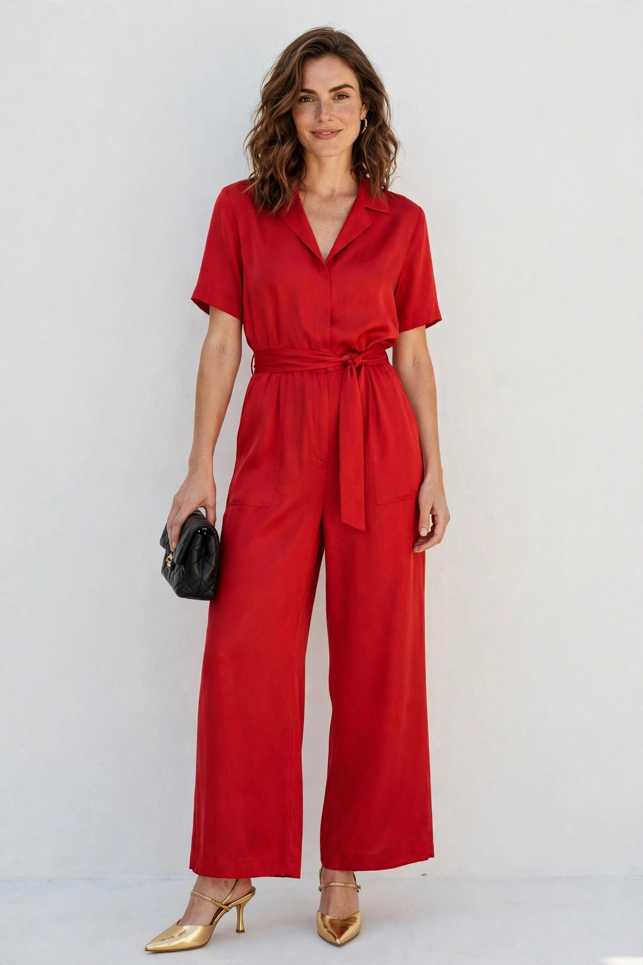 christmas party outfits - red wide leg jumpsuit