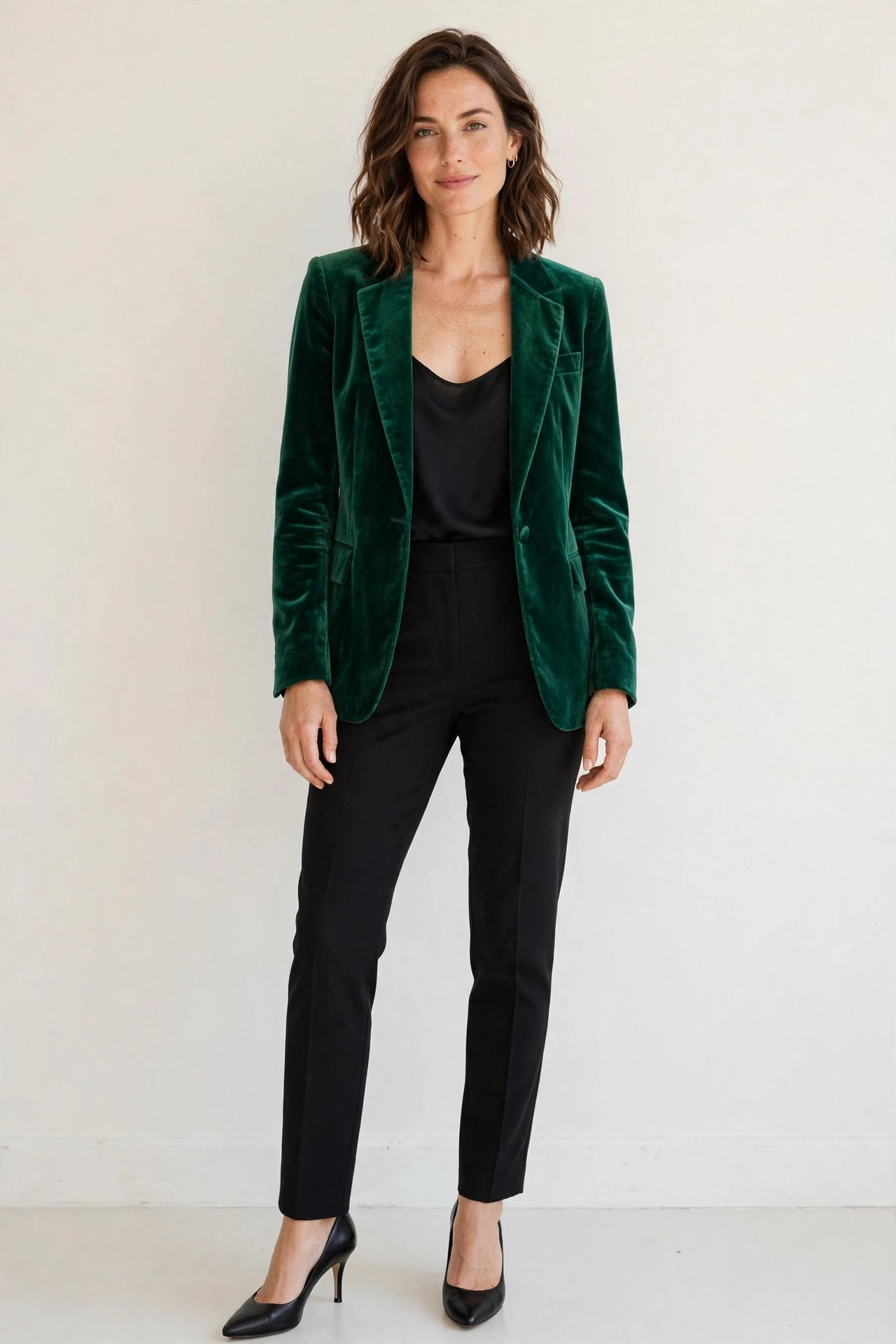 christmas party outfits - green velvet blazer with black pants