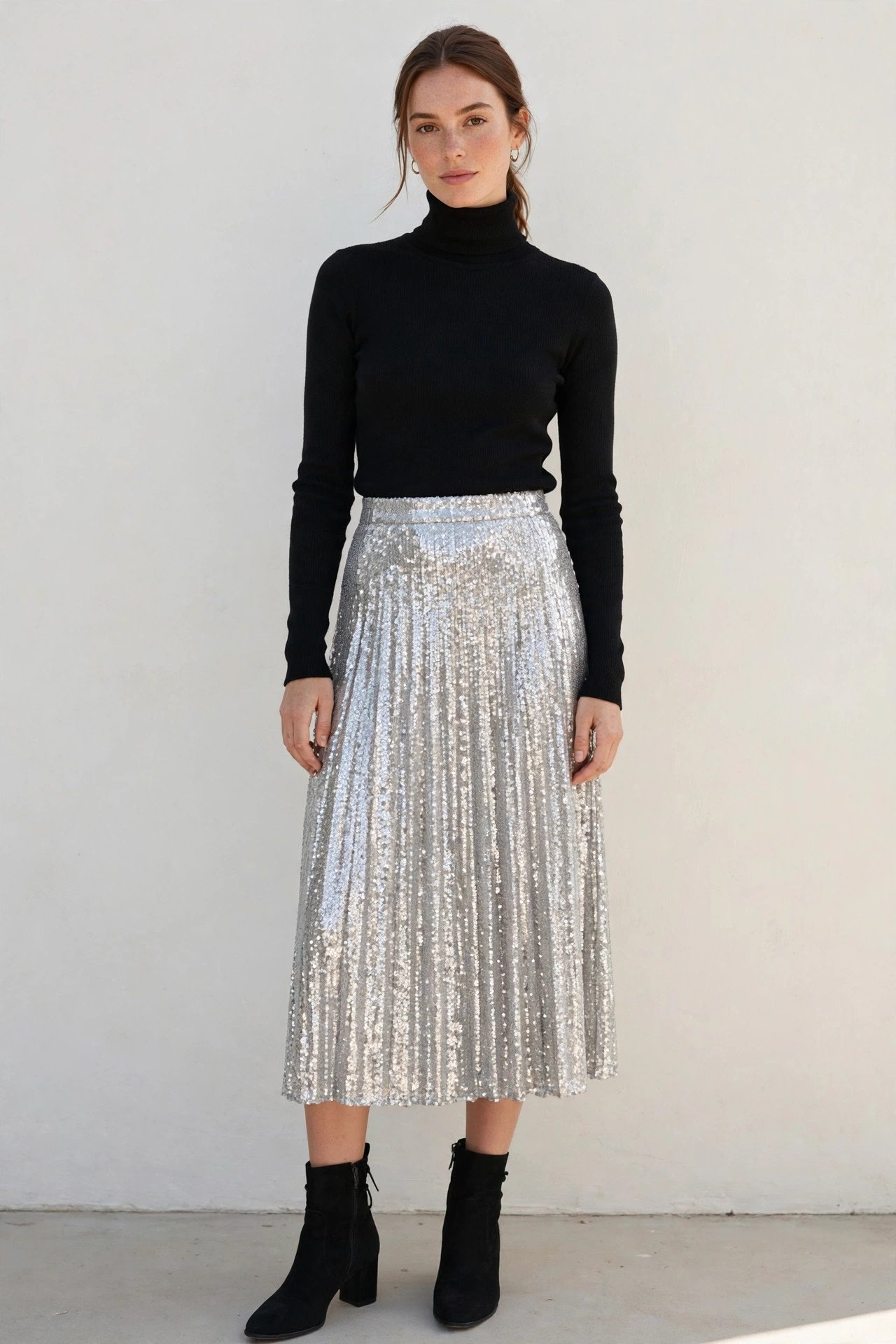 christmas party outfits - sequin midi skirt with black turtleneck