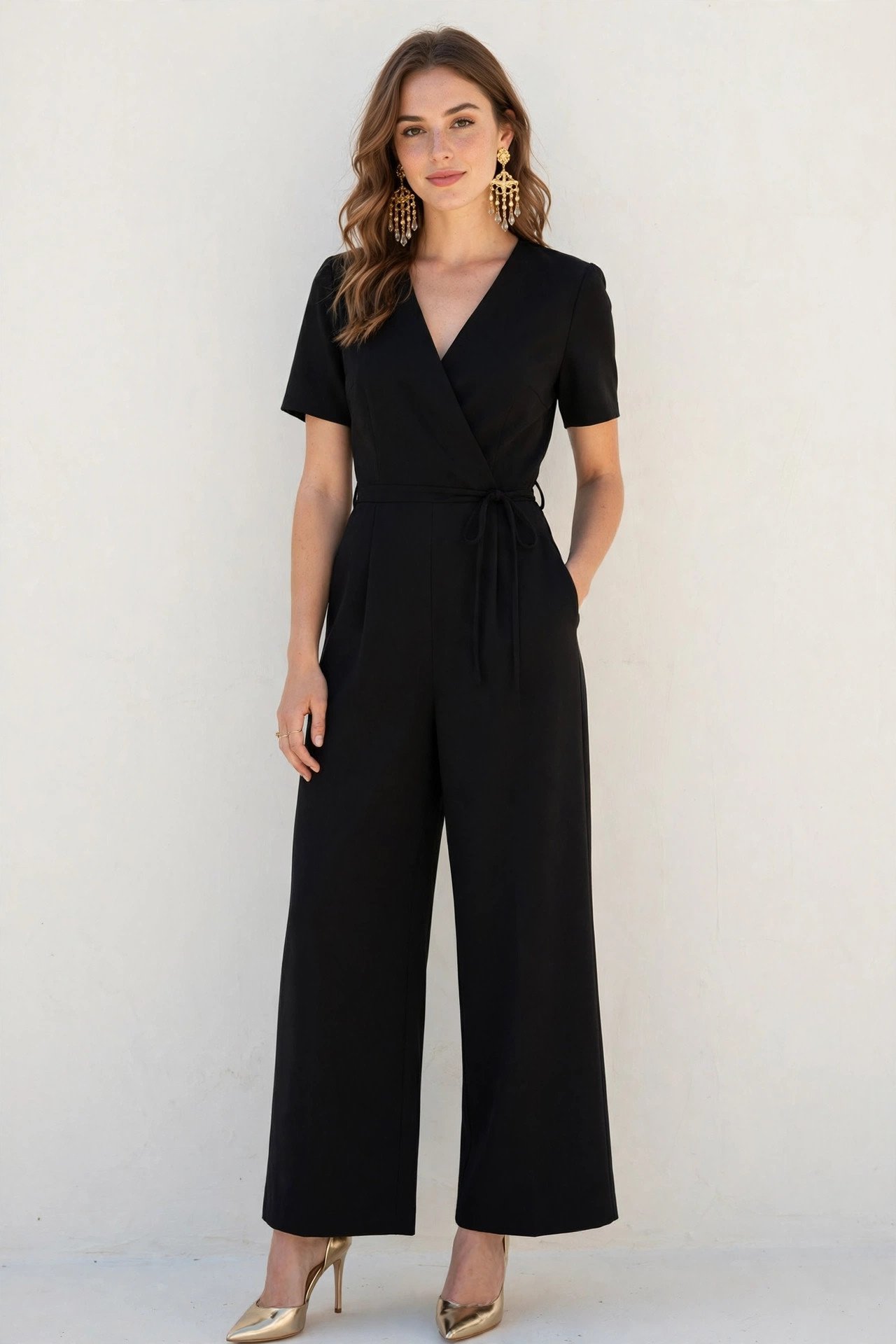 christmas party outfits - black jumpsuit with statement earrings