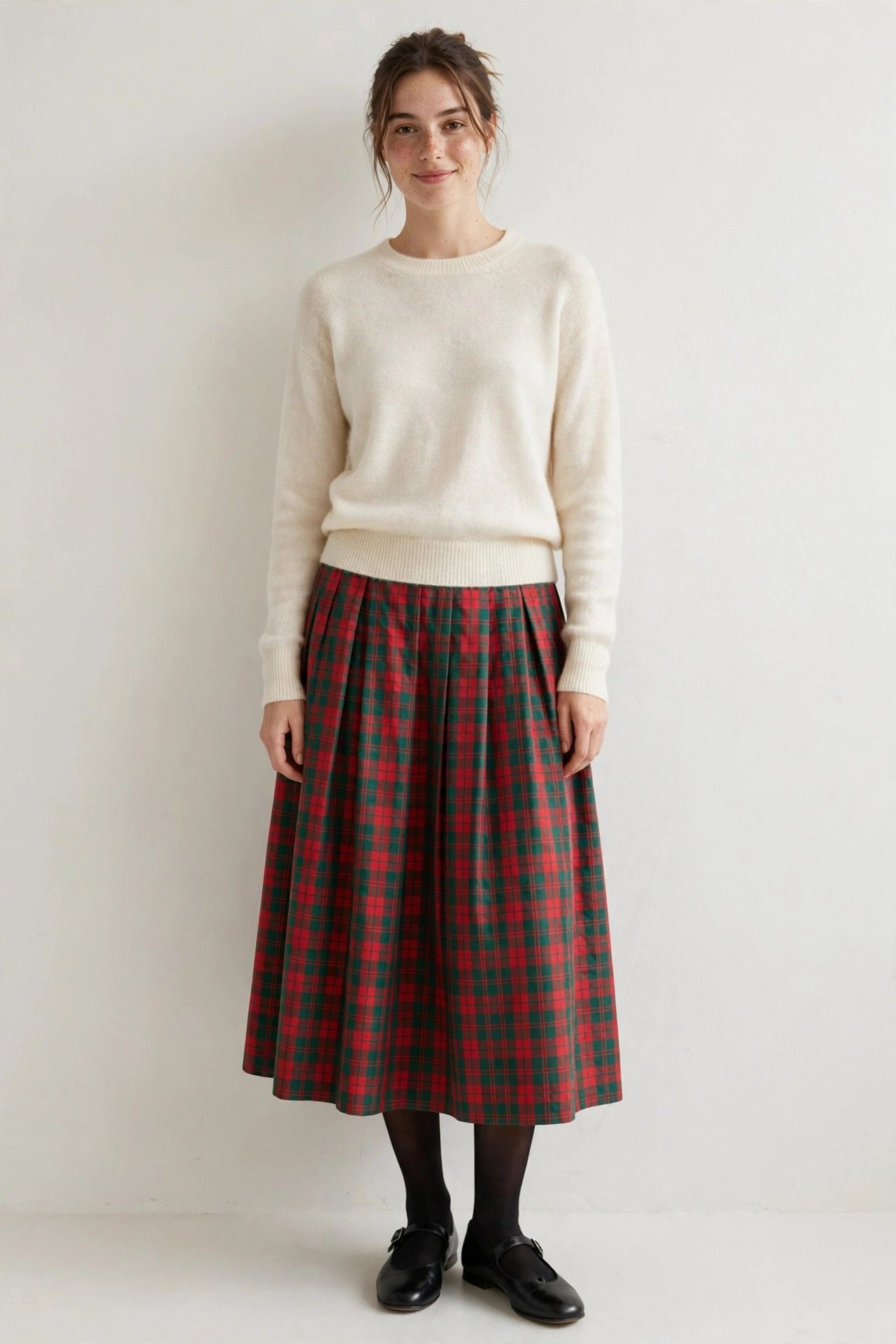 christmas party outfits - plaid taffeta skirt with cream sweater