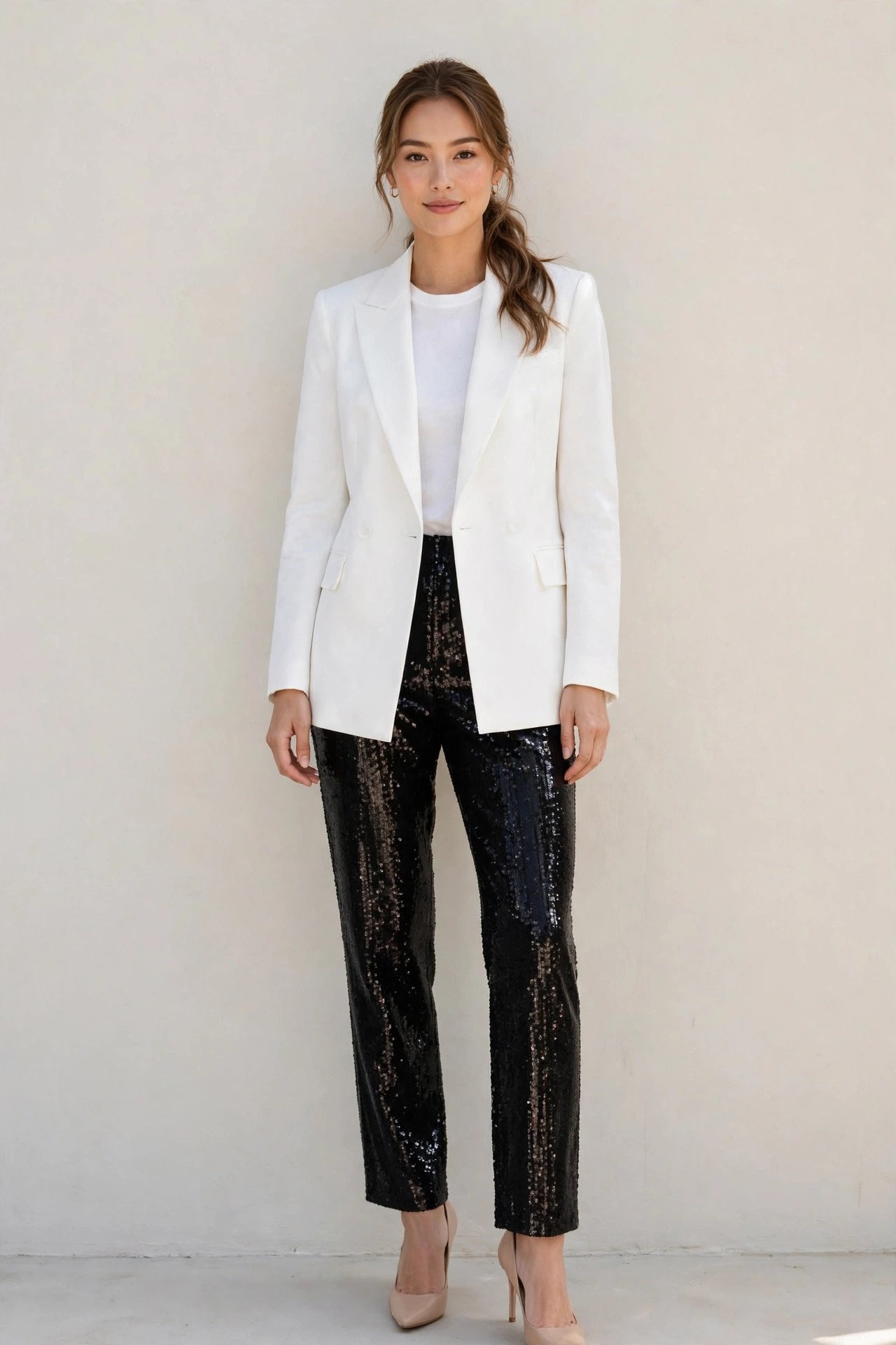 christmas party outfits - white blazer with black sequin pants