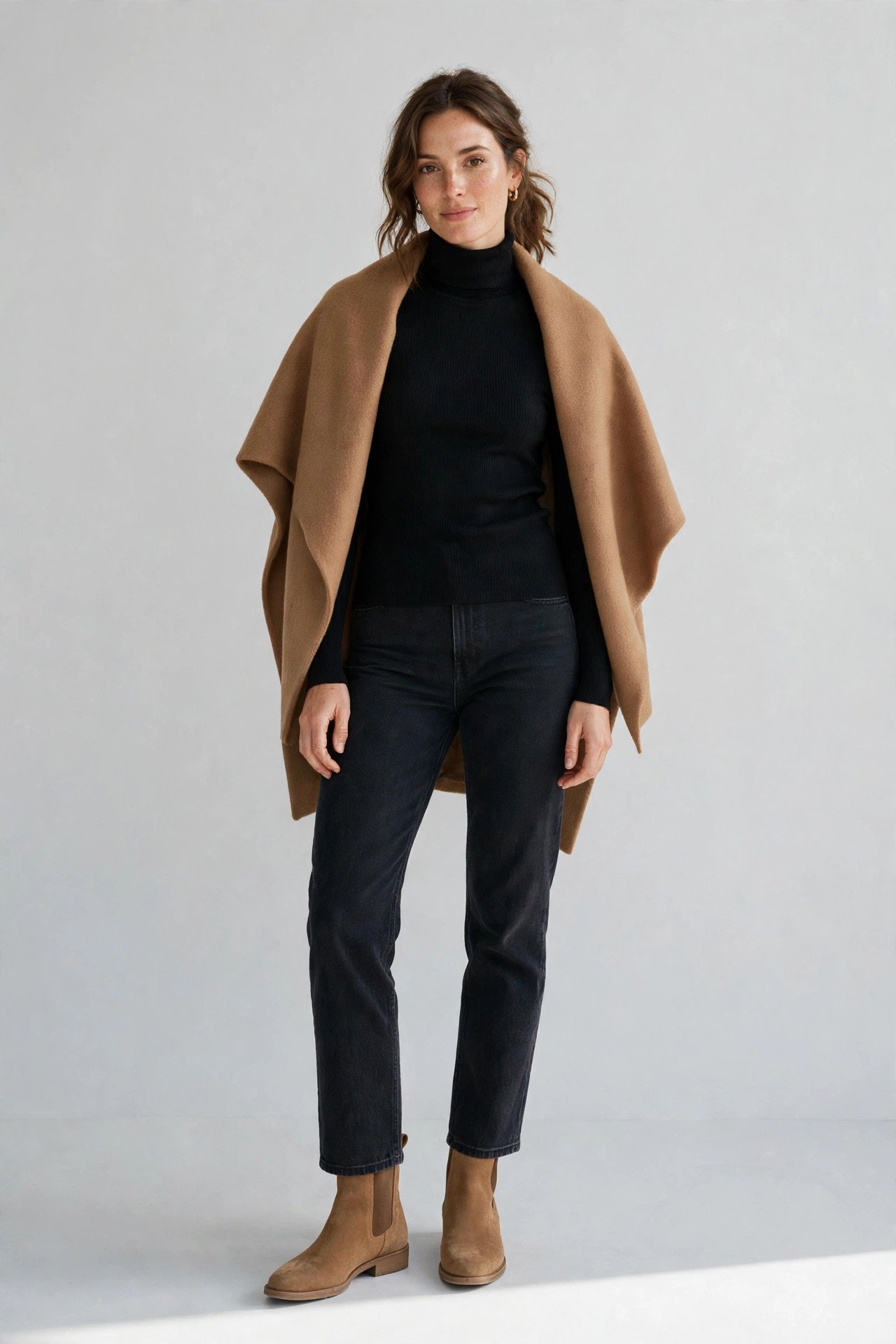 fall capsule wardrobe - black turtleneck with jeans and camel coat