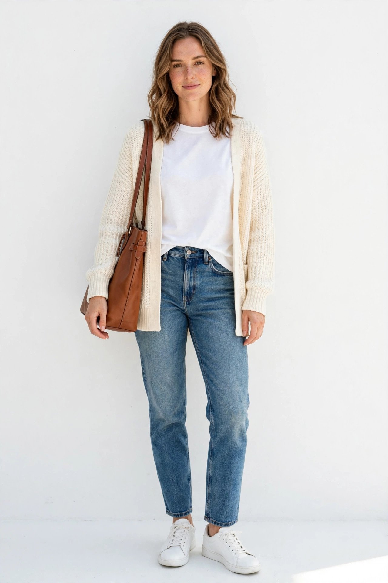 fall capsule wardrobe - white tee with cardigan jeans and sneakers
