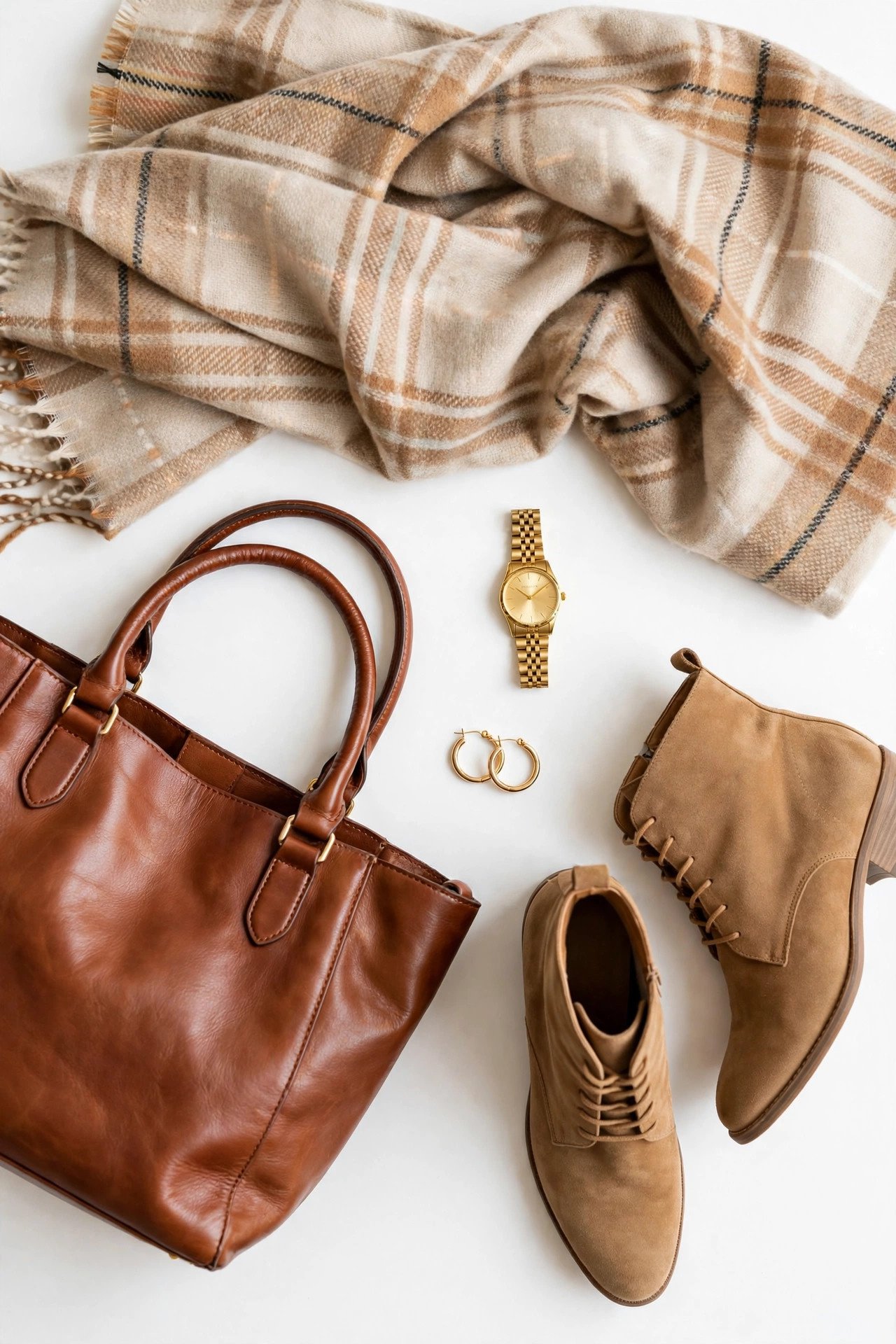 fall capsule wardrobe - accessories flat lay with scarf tote and boots