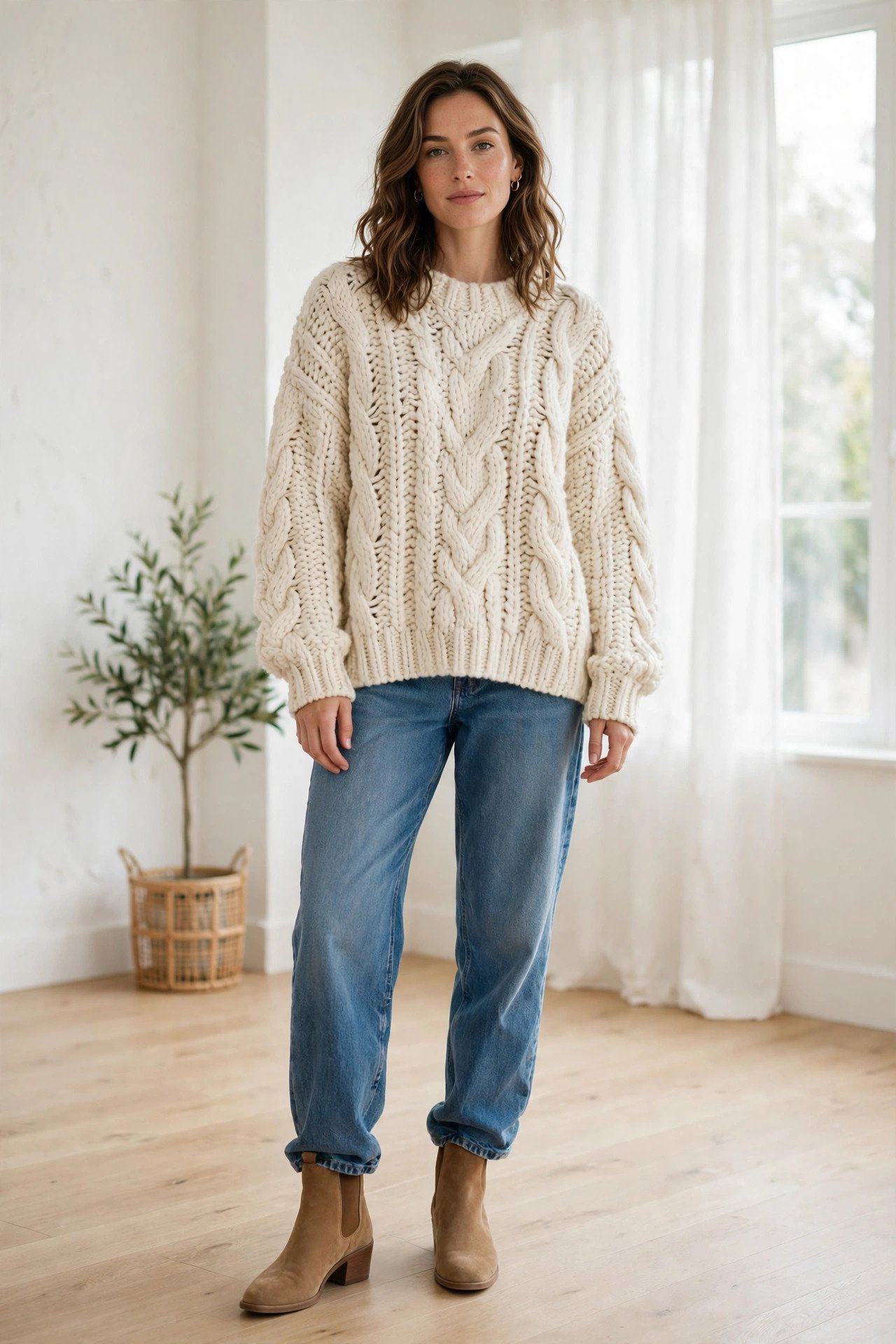 fall outfits for women - chunky cream sweater with jeans and ankle boots