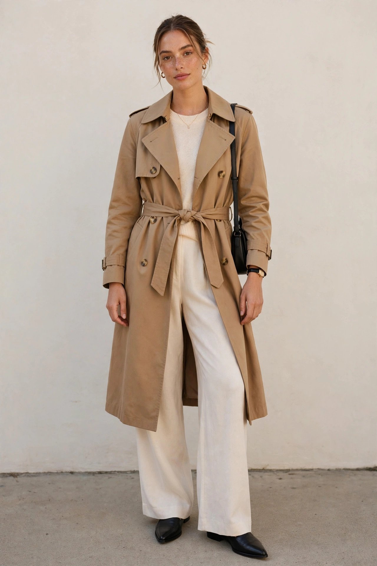fall outfits for women - trench coat and wide-leg trousers