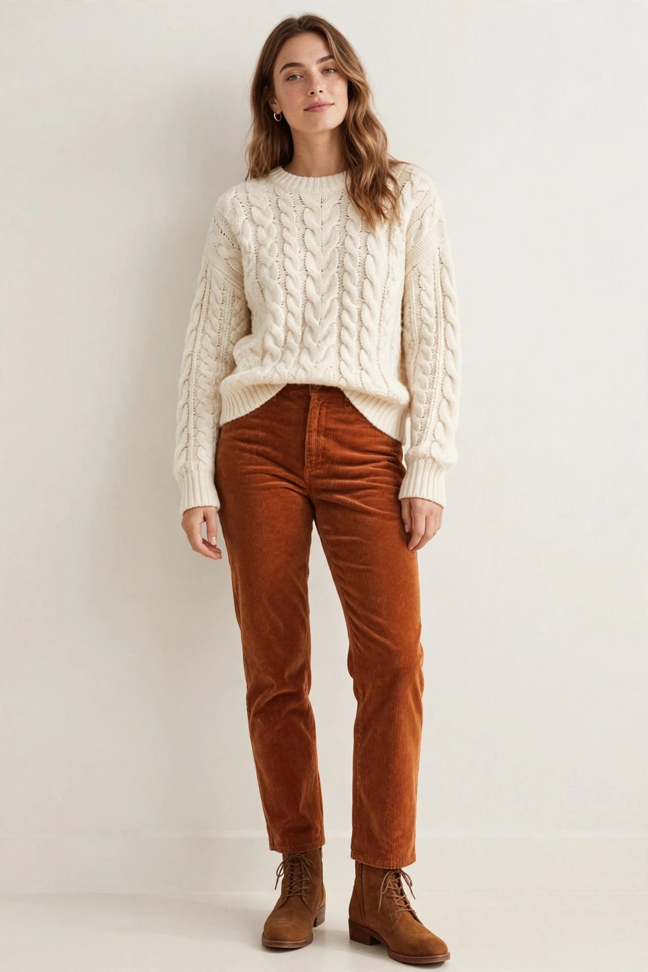 fall outfits for women - rust cords and cream sweater