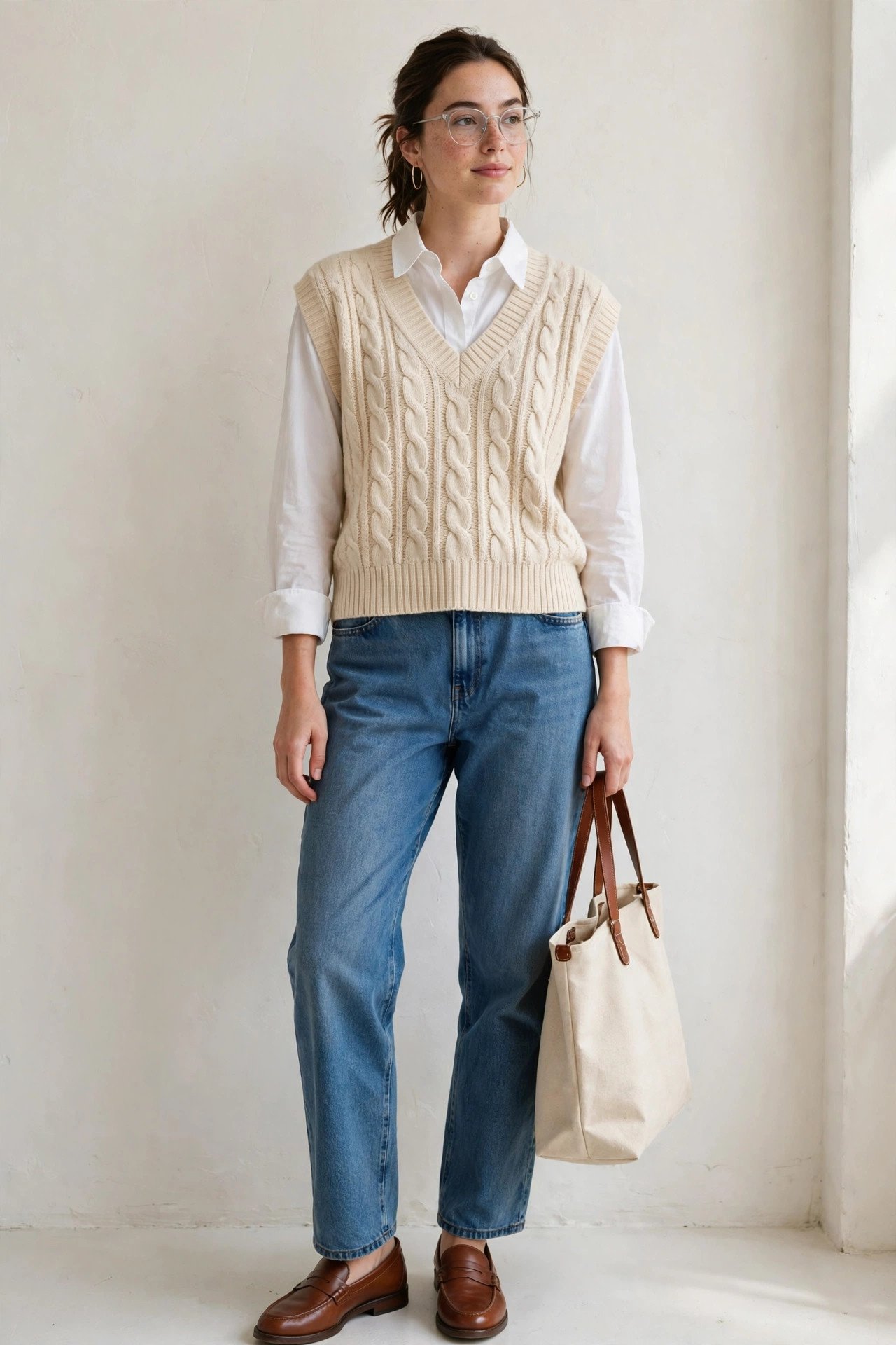 fall outfits for women - sweater vest and button-down