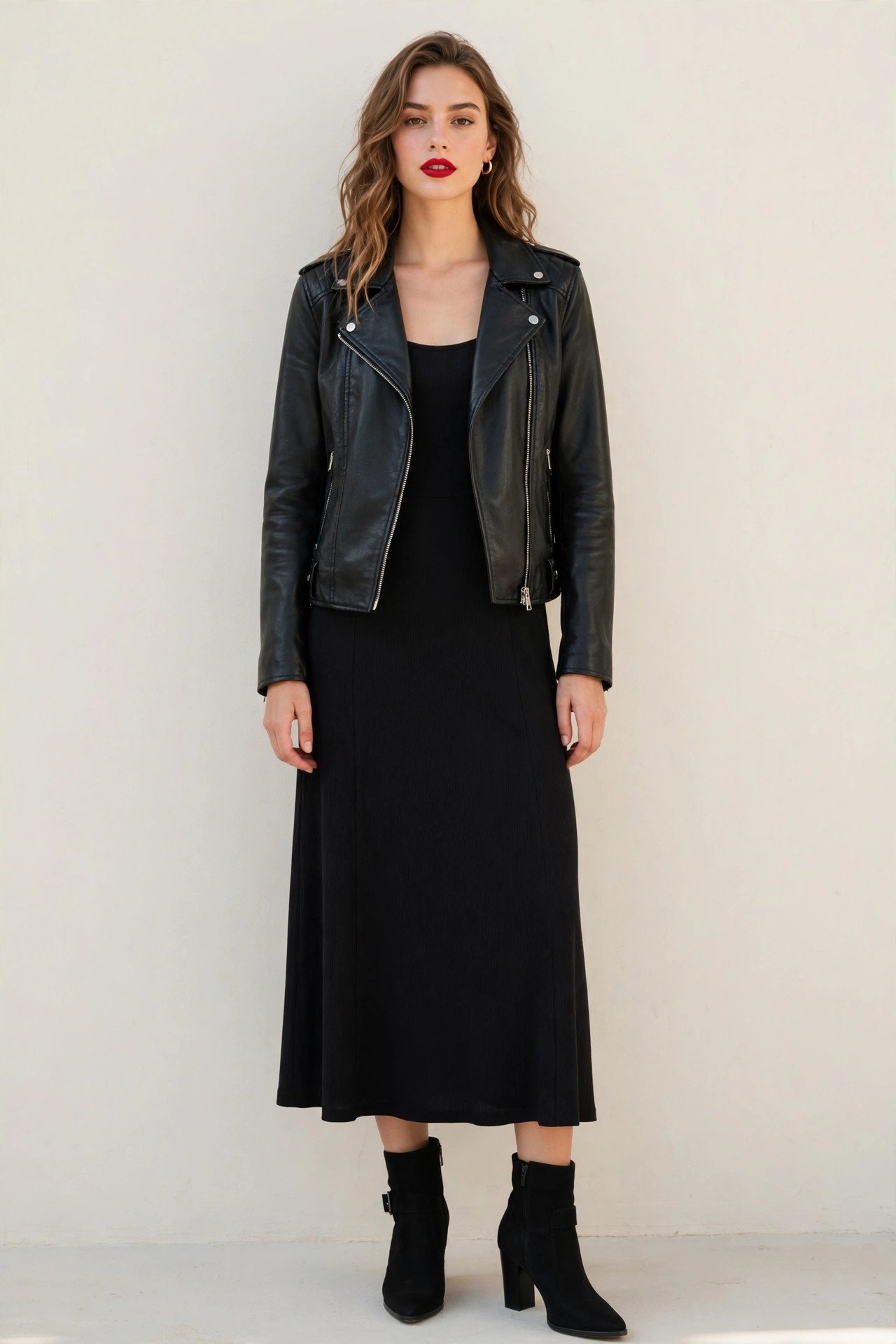 fall outfits for women - faux leather jacket and black dress