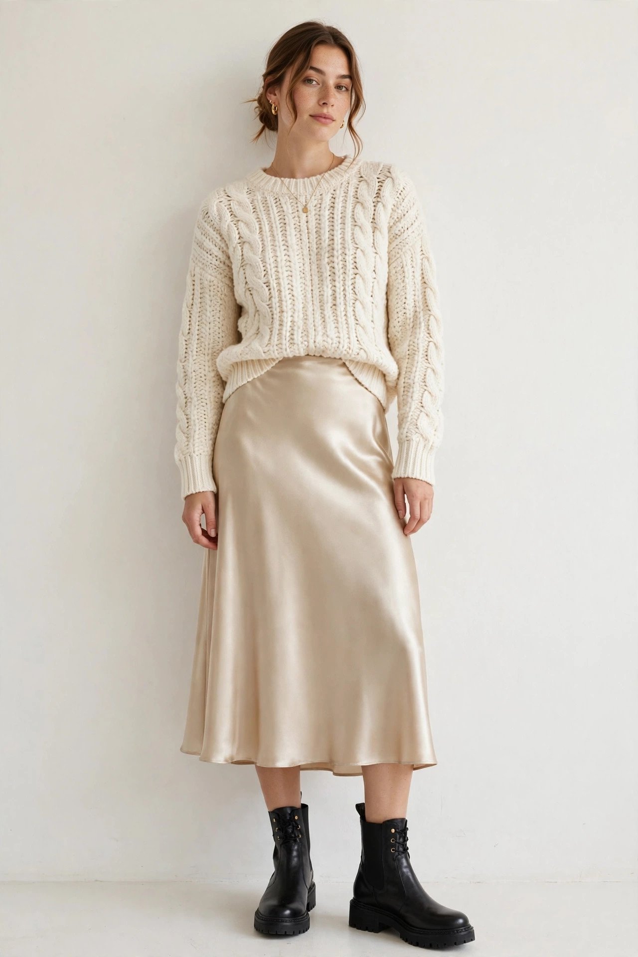 fall outfits for women - satin midi skirt and chunky sweater