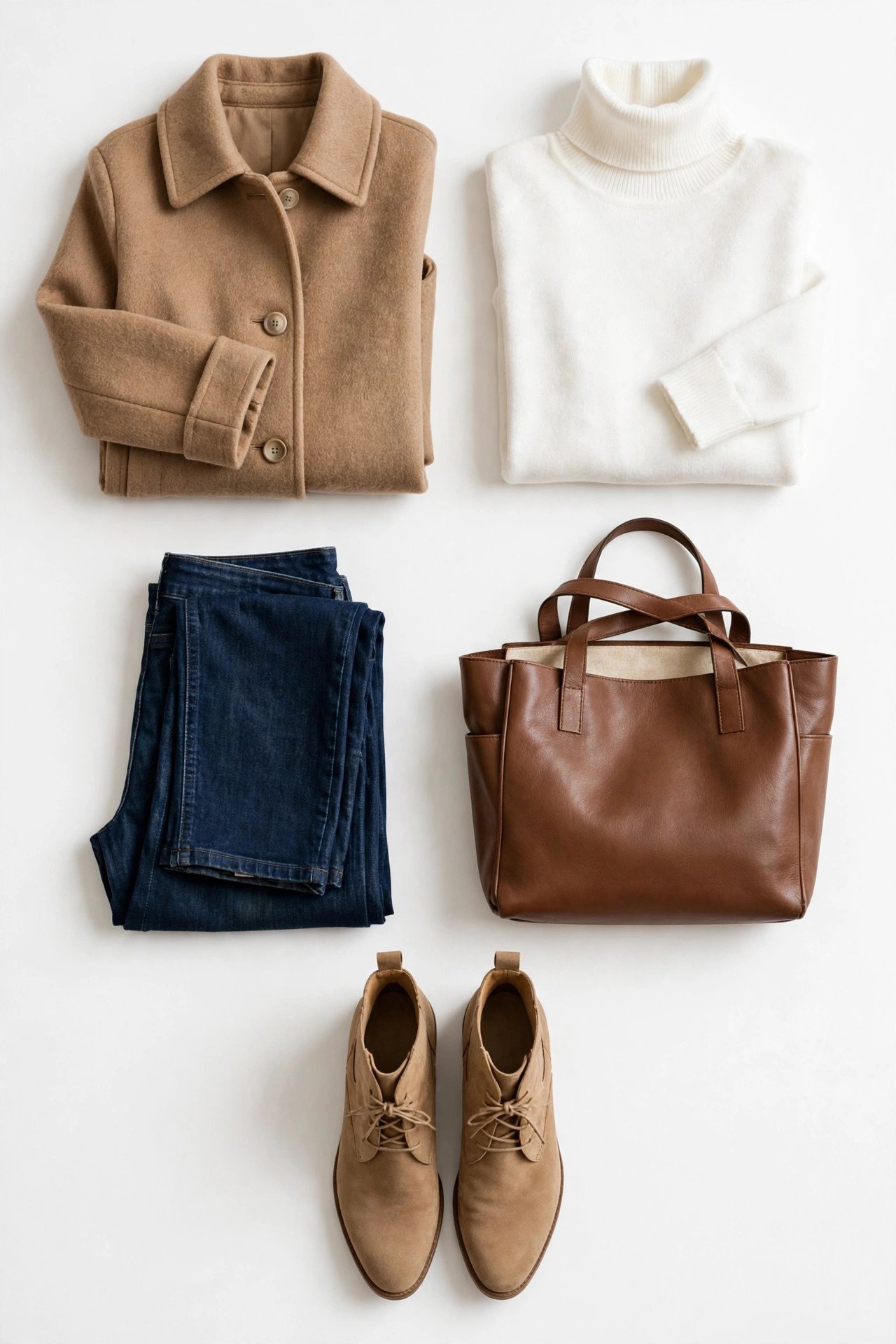 fall outfits for women - camel coat with turtleneck and jeans flat lay