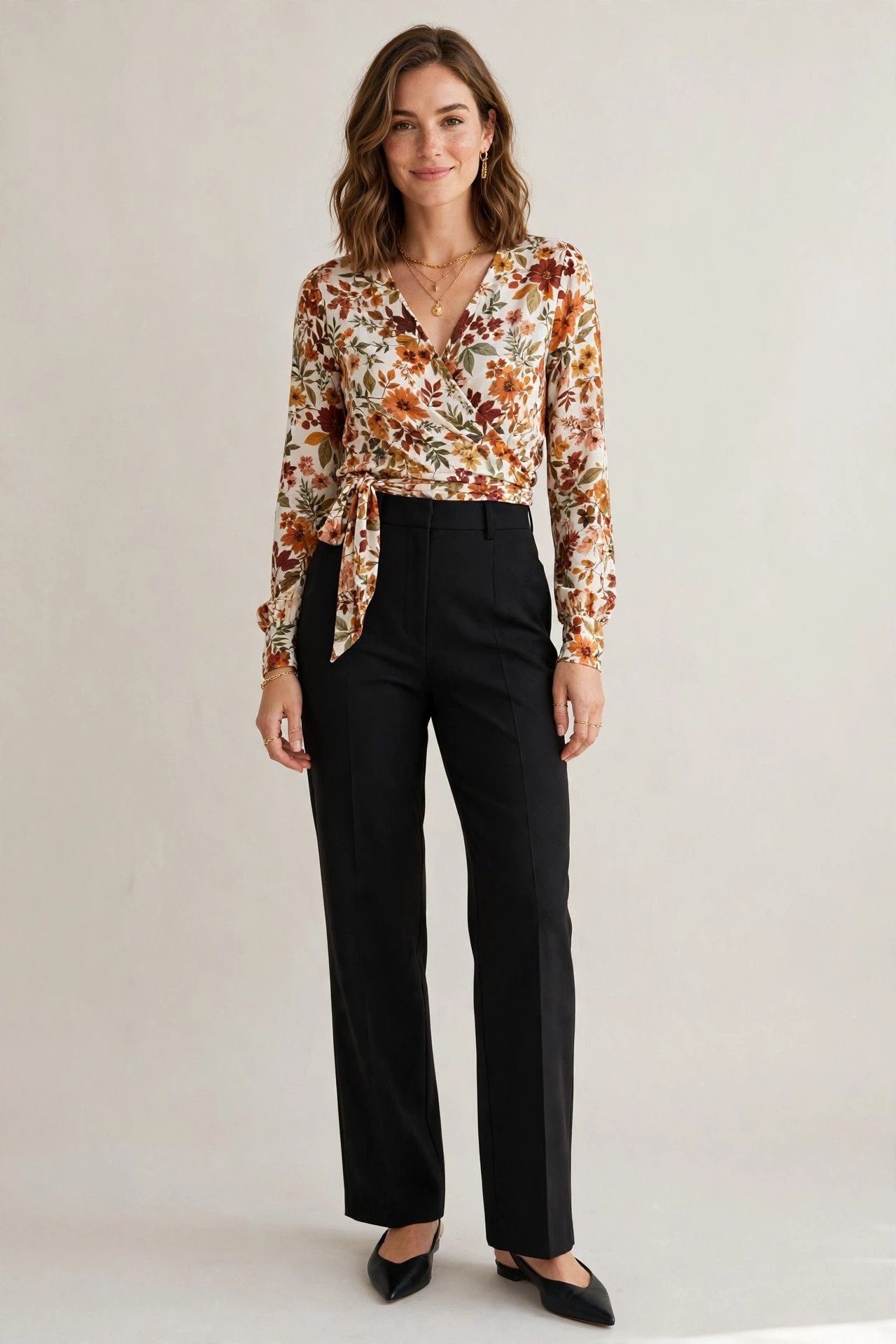 fall outfits for women - wrap top and high-waist trousers