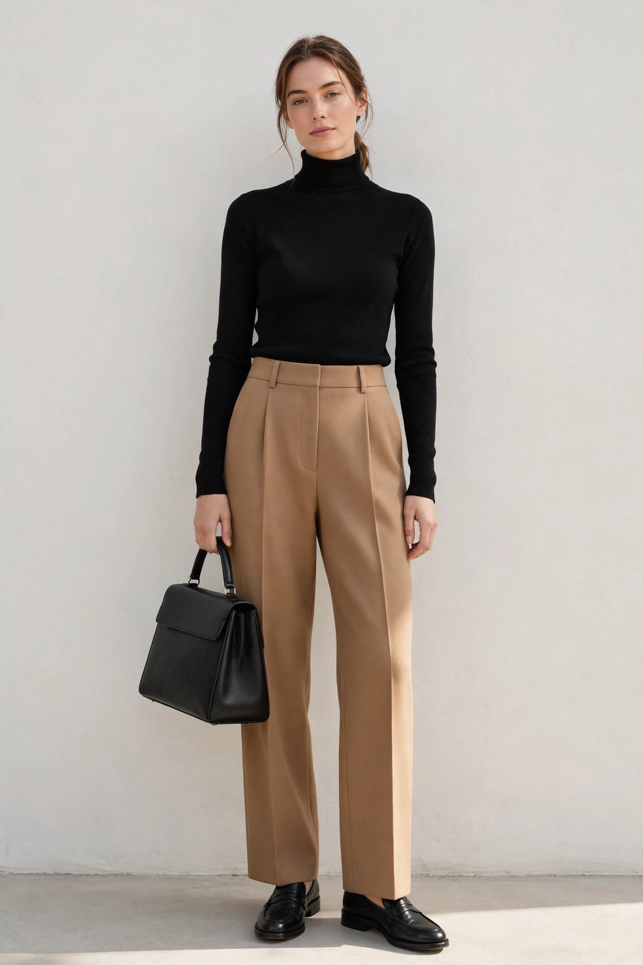 fall outfits for women - black turtleneck and camel wide-leg pants
