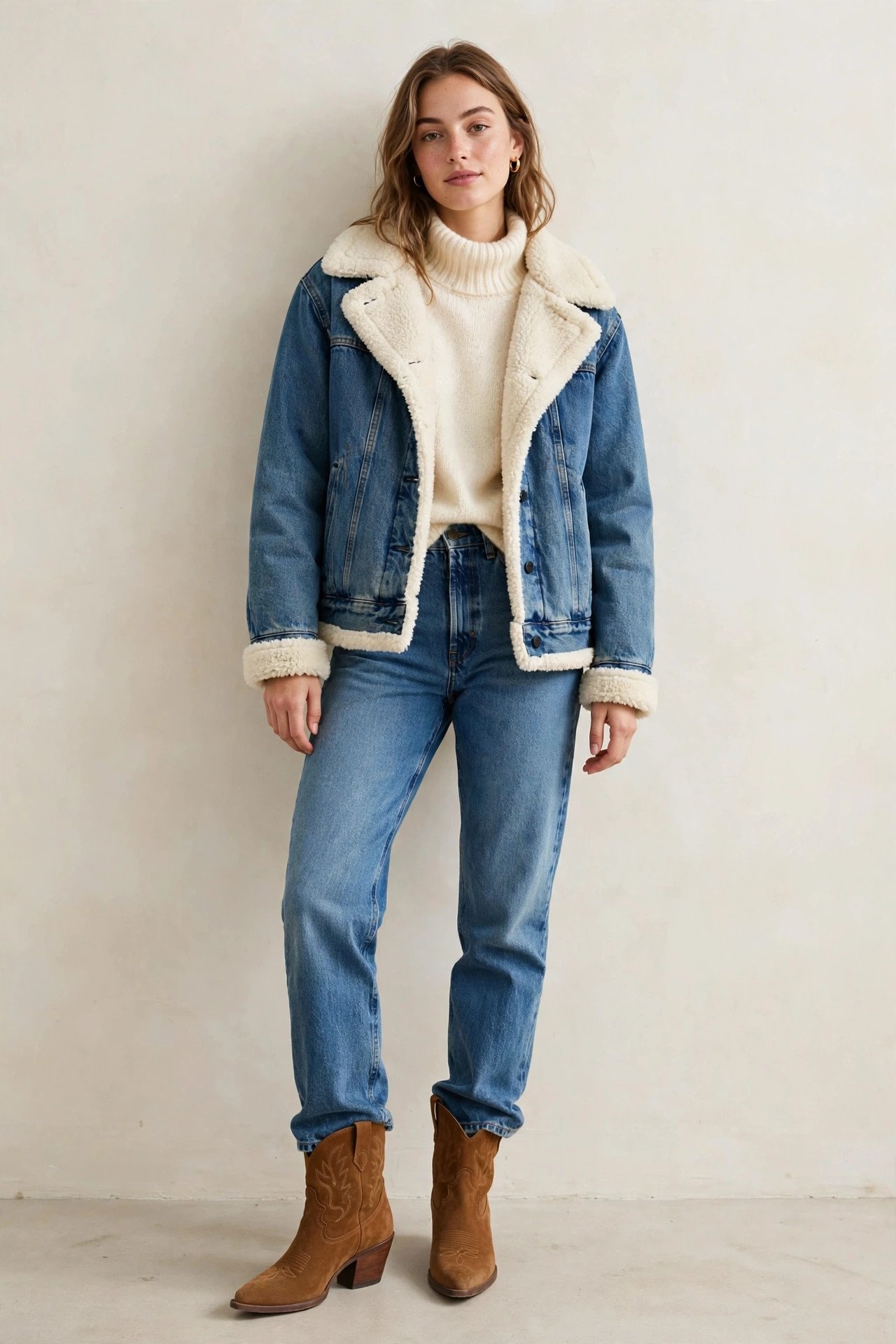 fall outfits for women - shearling denim jacket and sweater