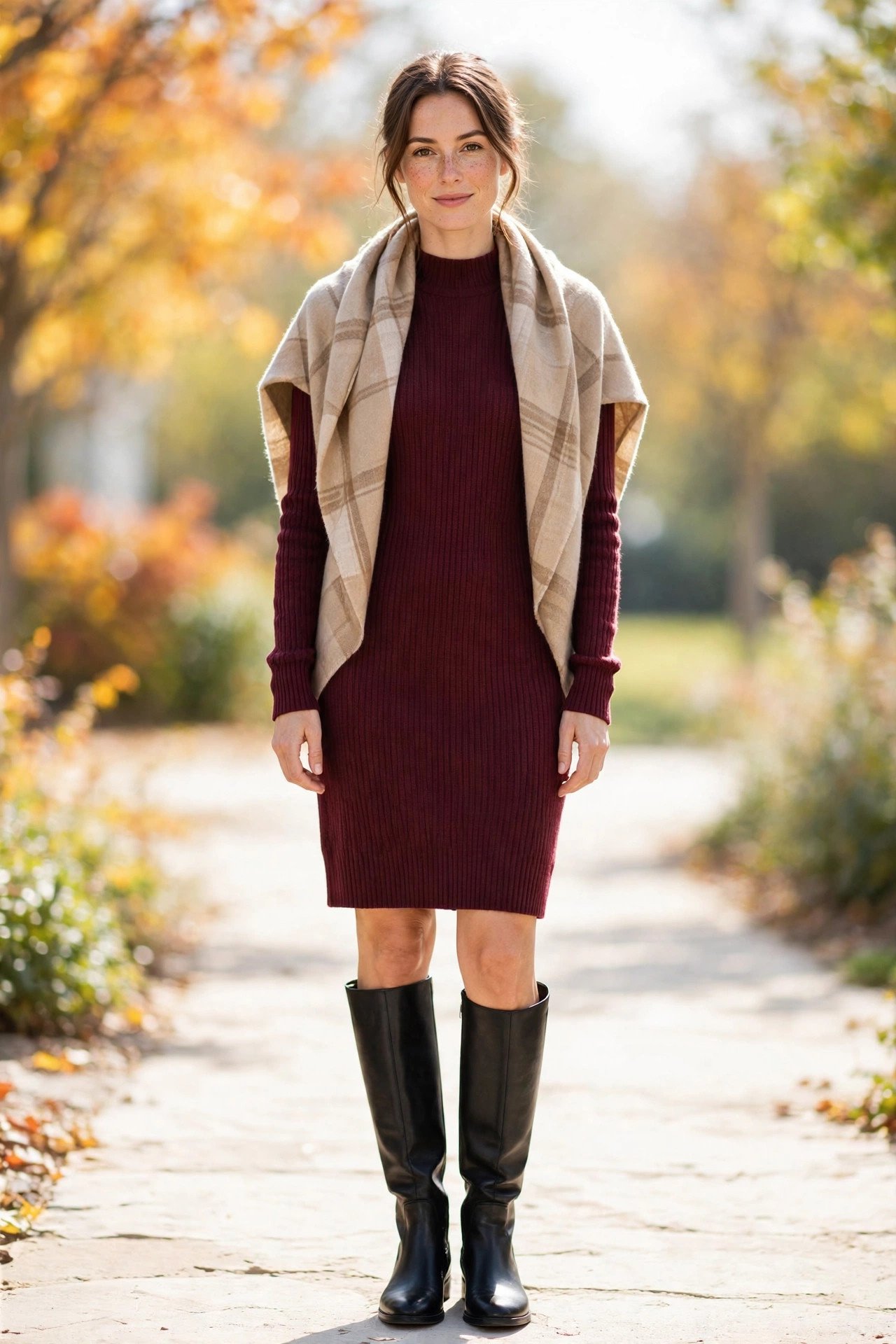 fall outfits for women - burgundy sweater dress with knee high boots