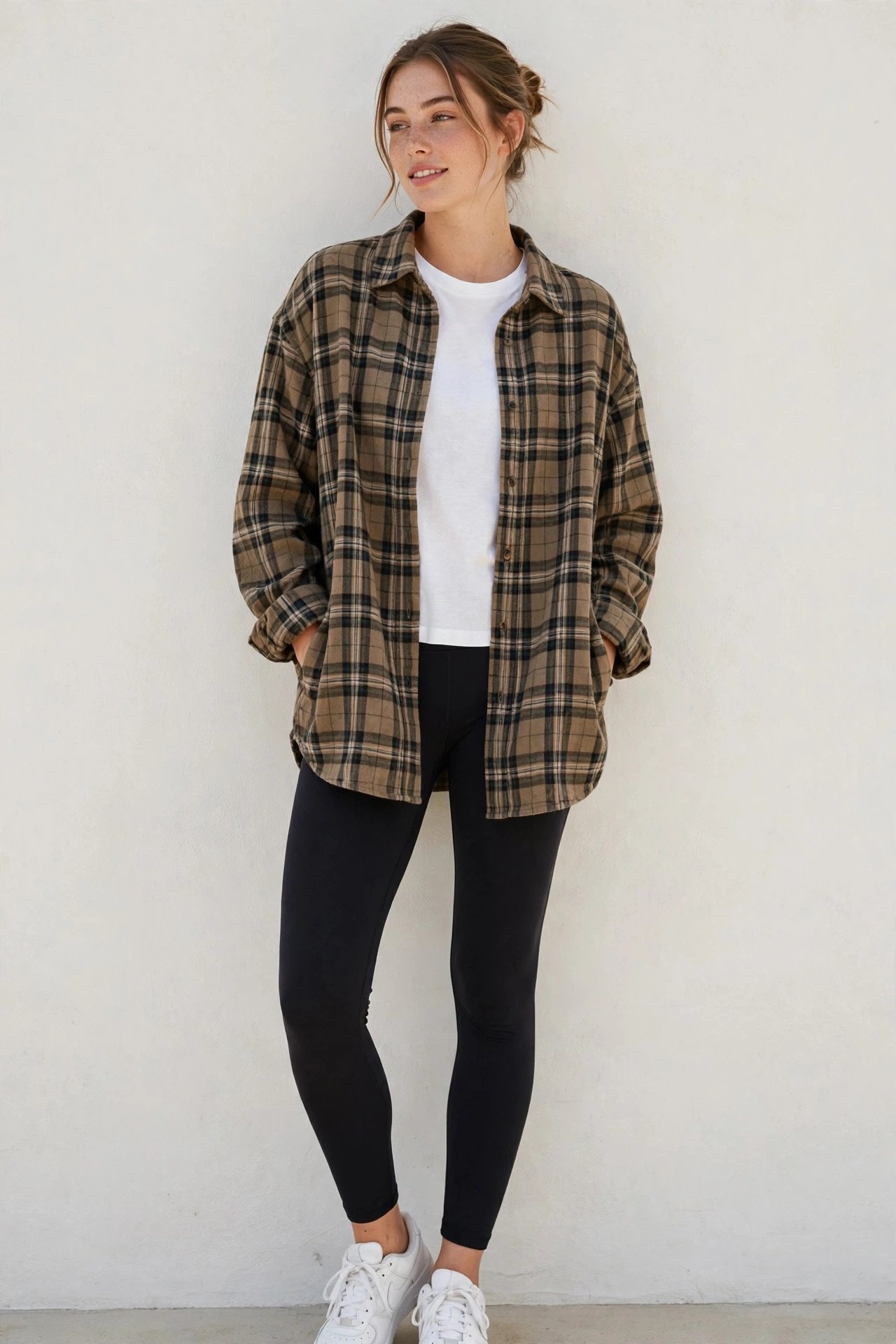 fall outfits for women - plaid shacket and leggings