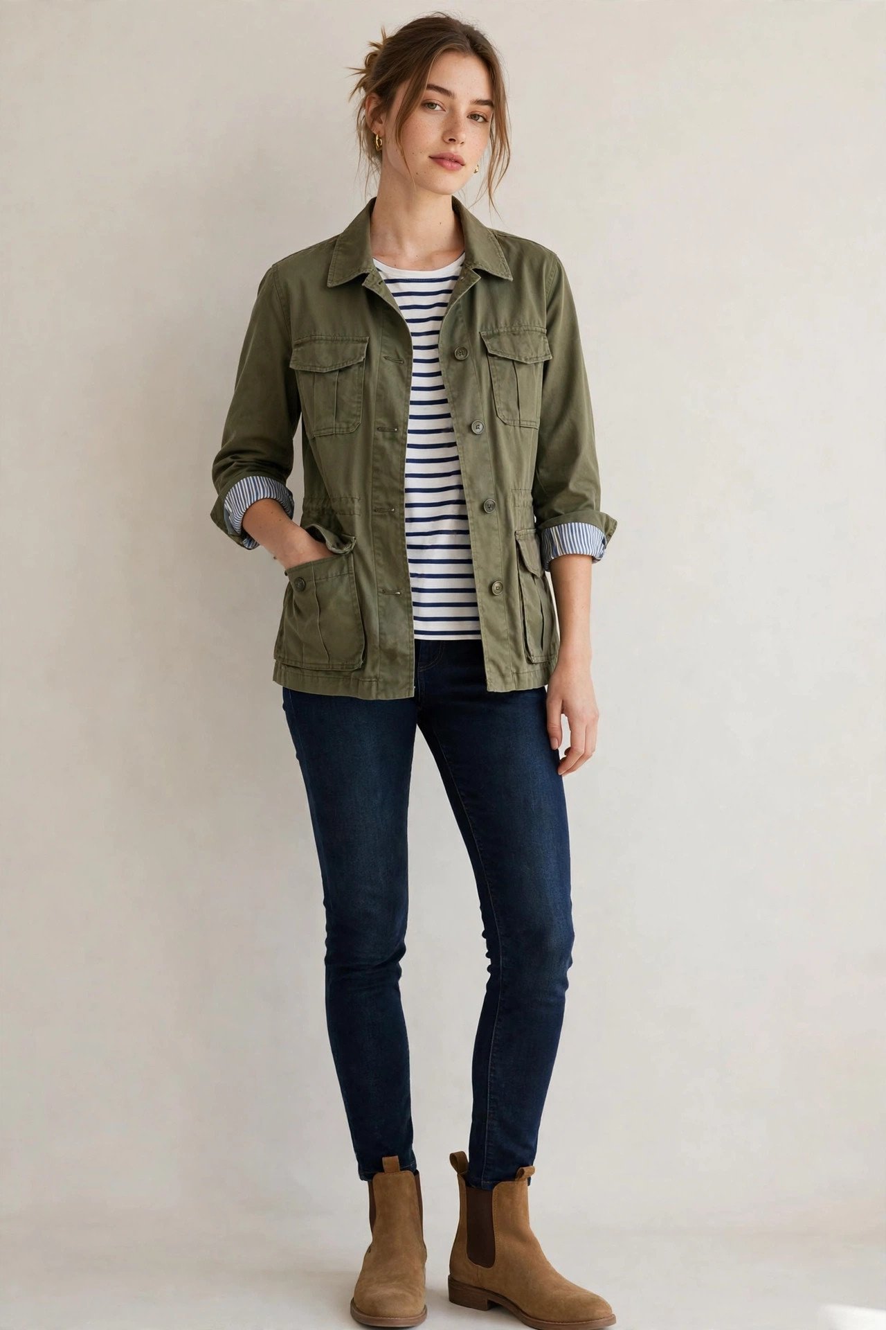fall outfits for women - olive utility jacket and stripes