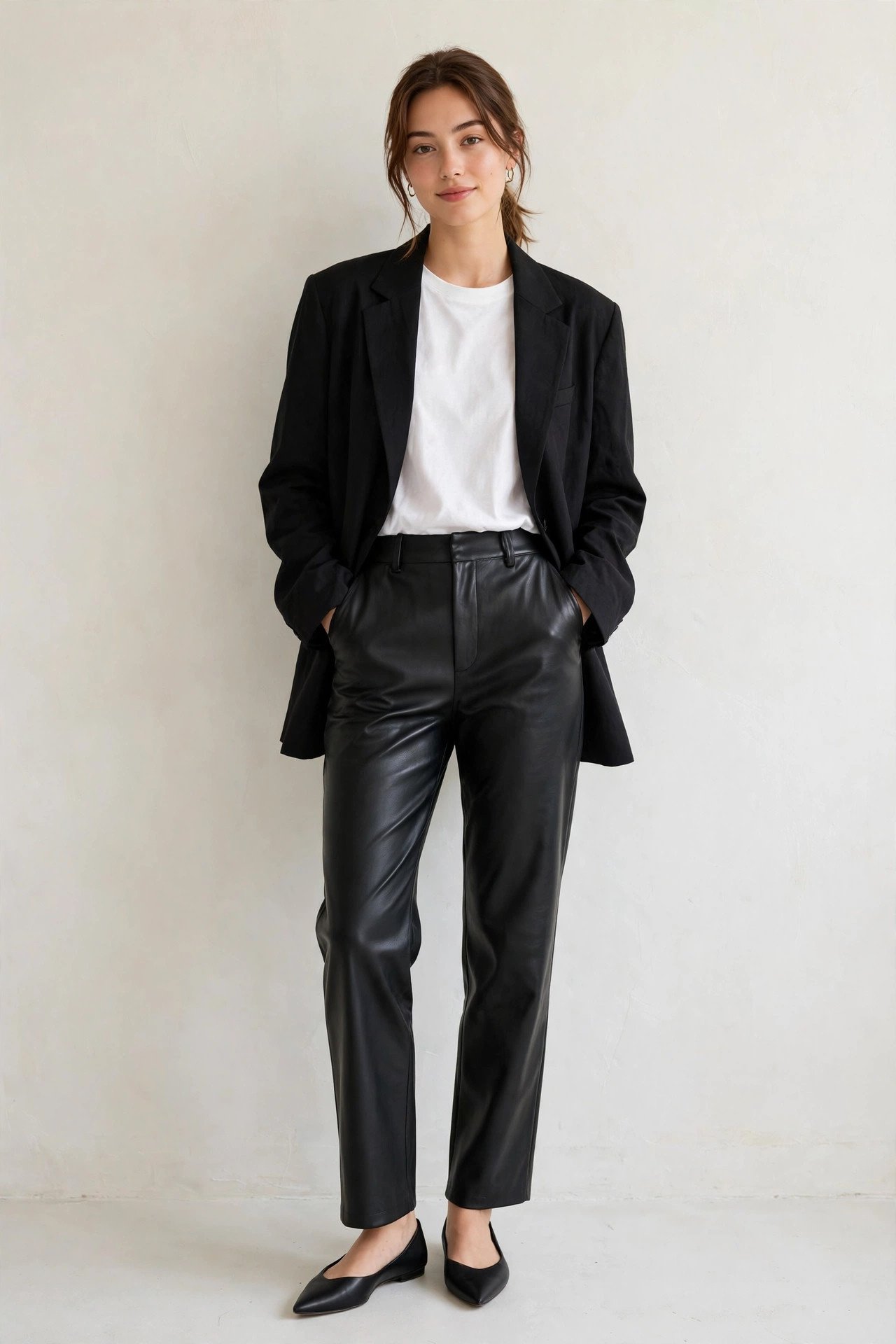 fall outfits for women - black blazer and leather pants