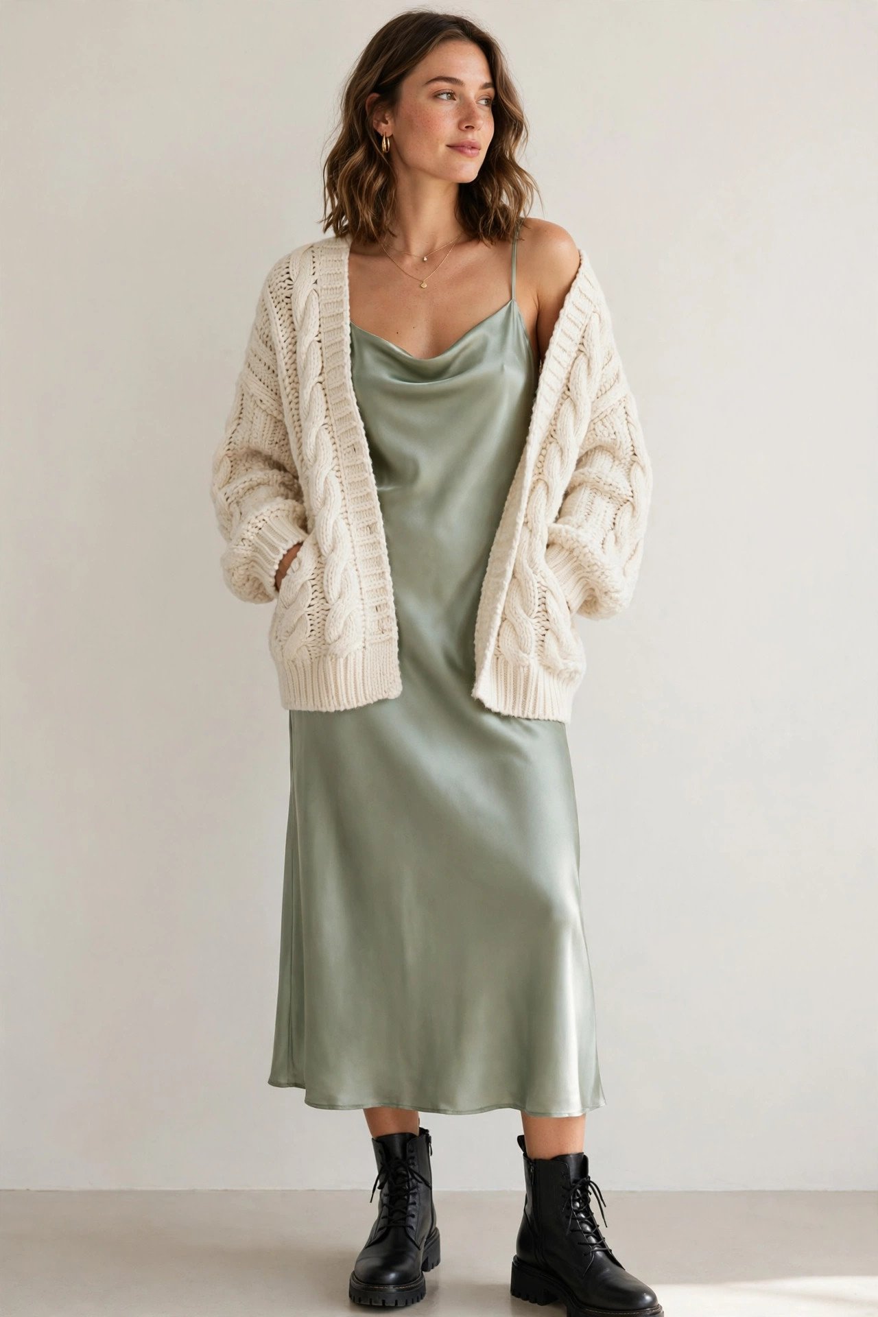 fall outfits for women - cardigan over a slip dress