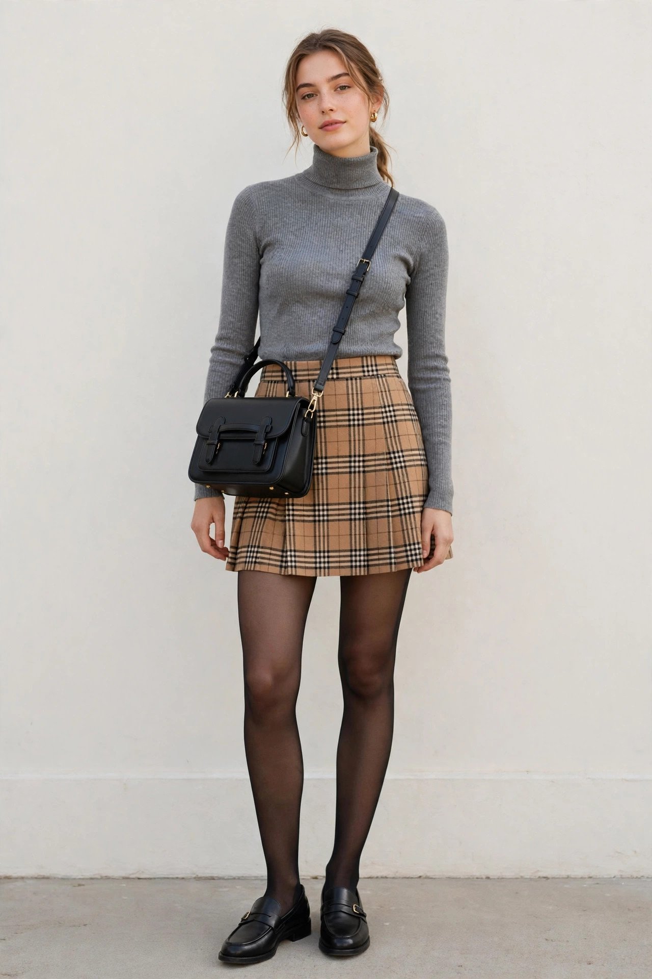 fall outfits for women - turtleneck and plaid mini skirt