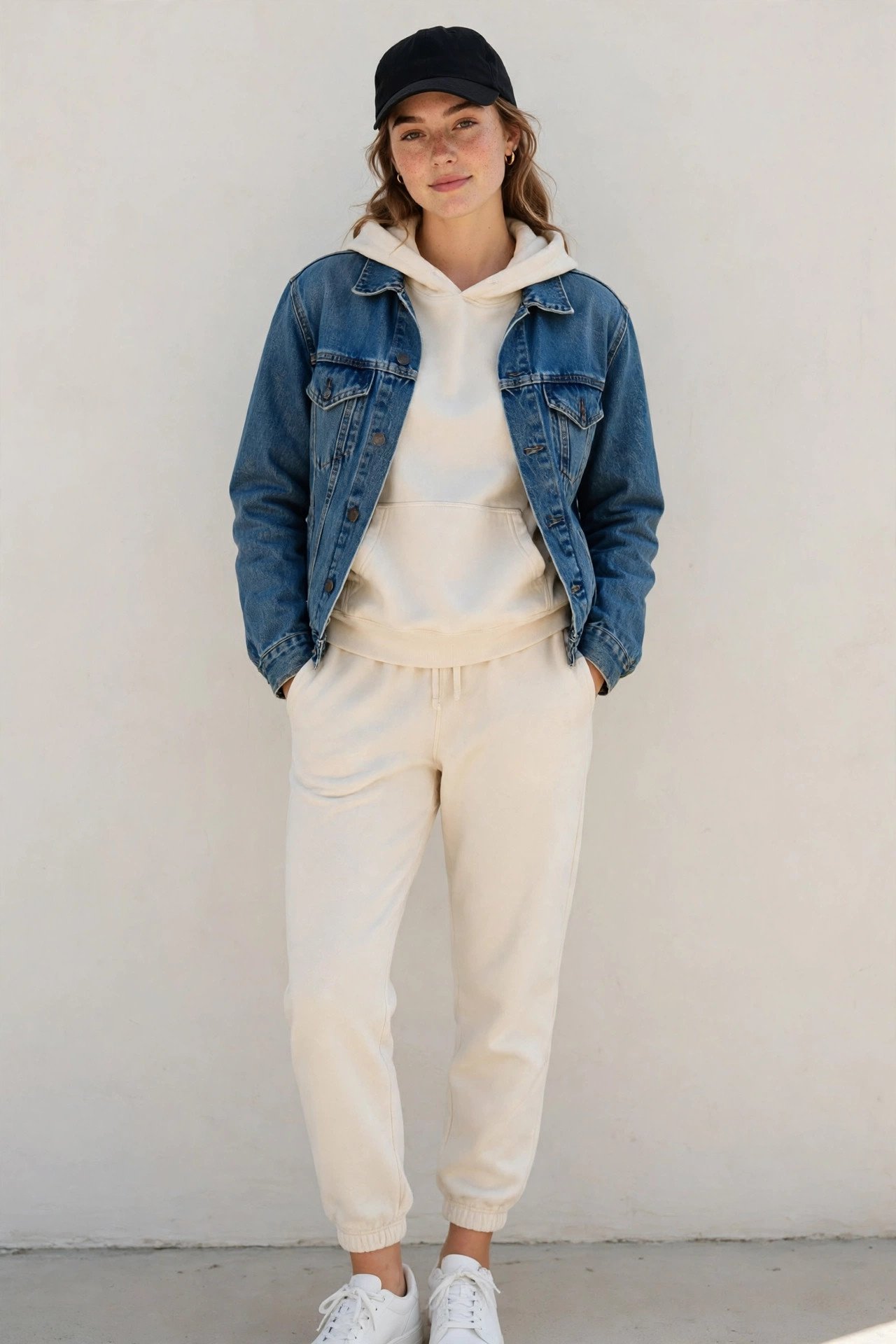 fall outfits for women - denim jacket and hoodie and joggers