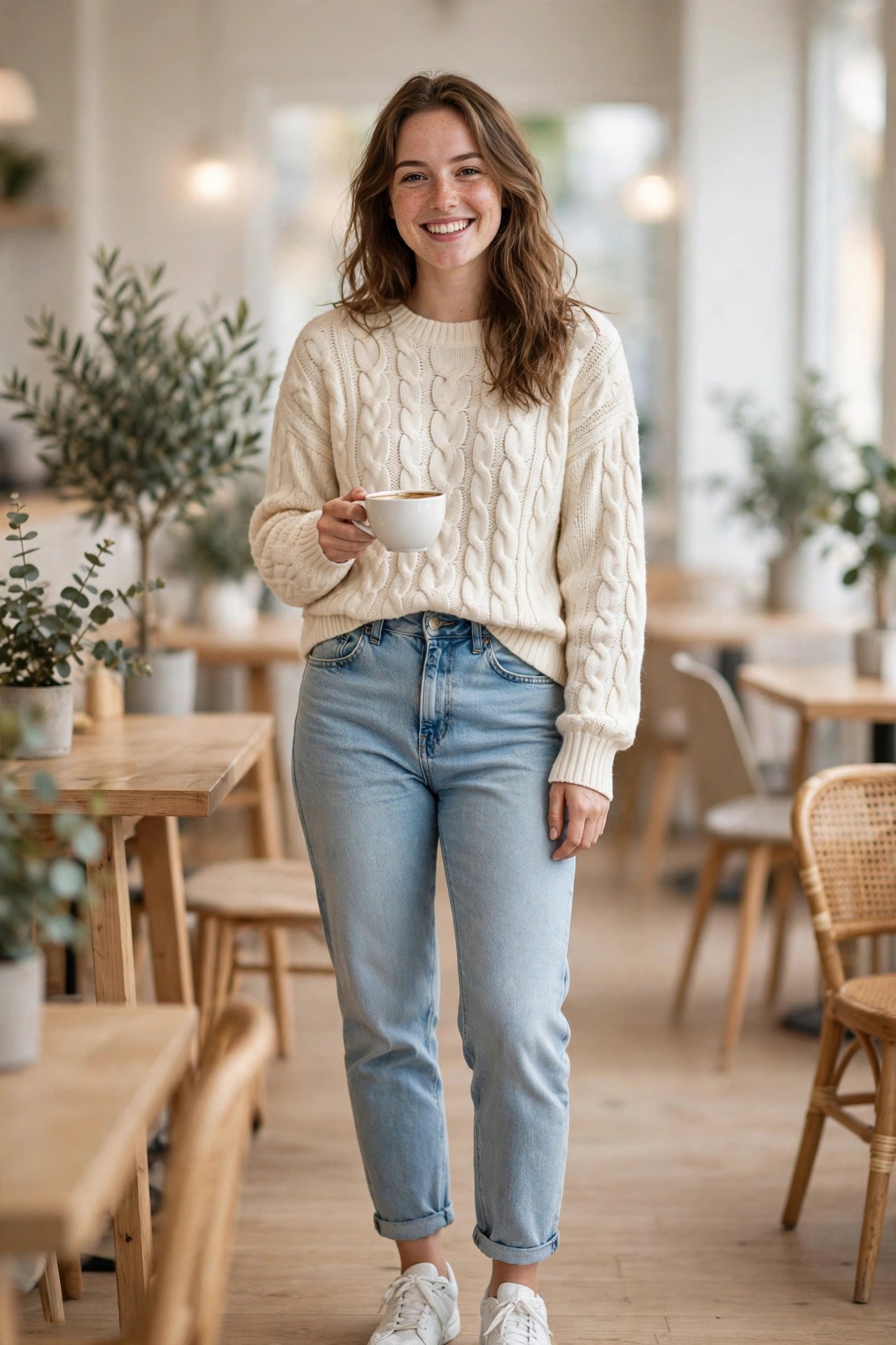 fall sweater outfits - cream cable knit sweater with mom jeans