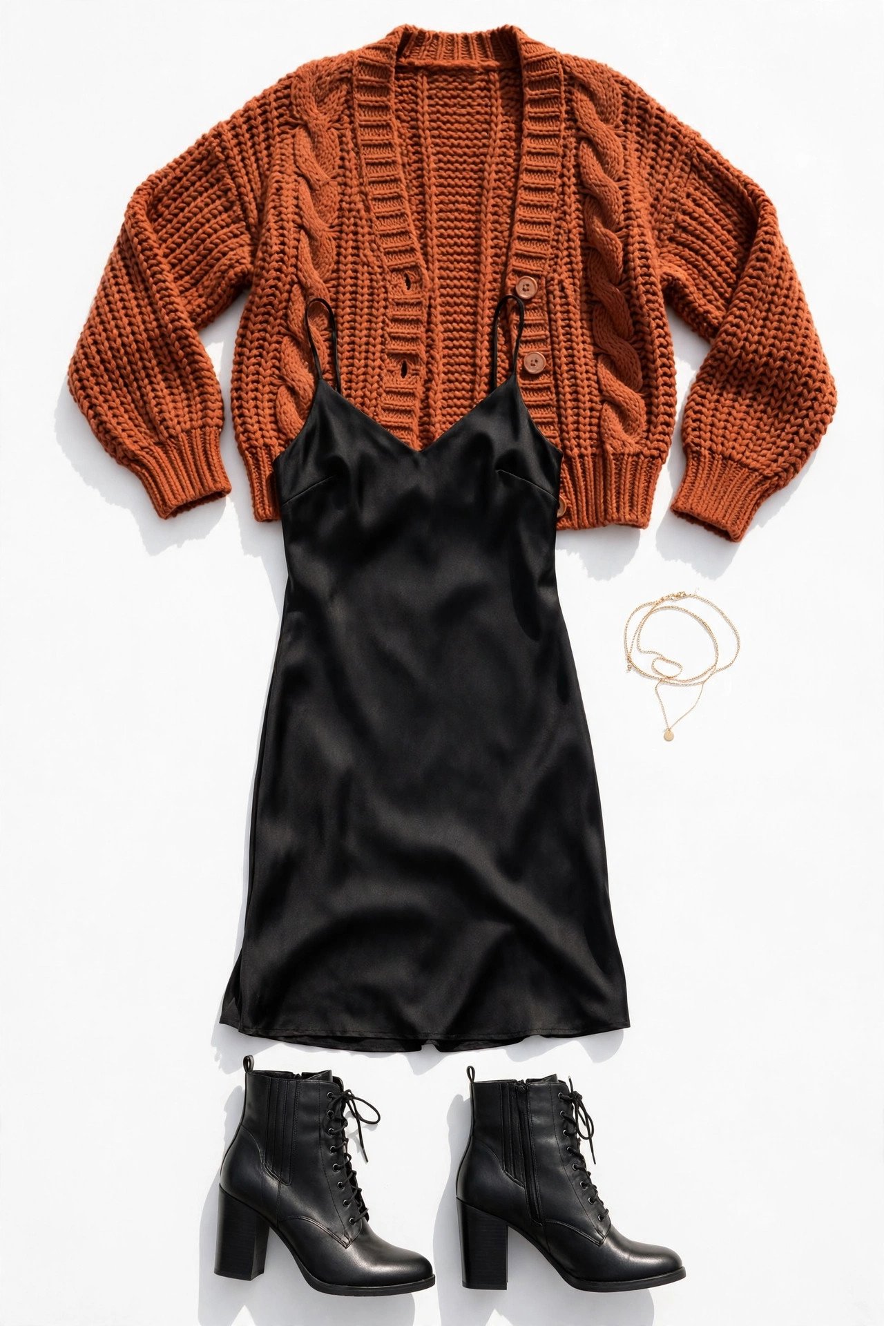 fall sweater outfits - rust cardigan over black slip dress