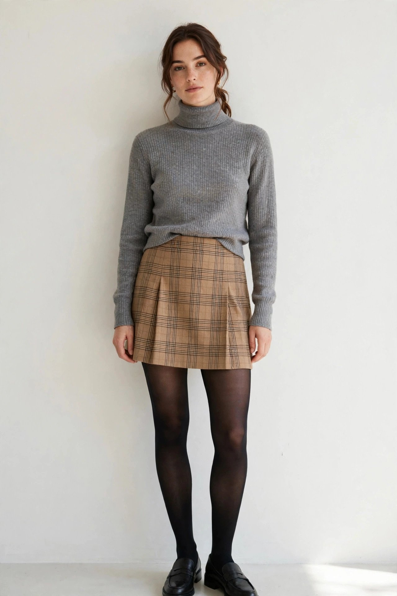 fall sweater outfits - grey turtleneck sweater with plaid mini skirt