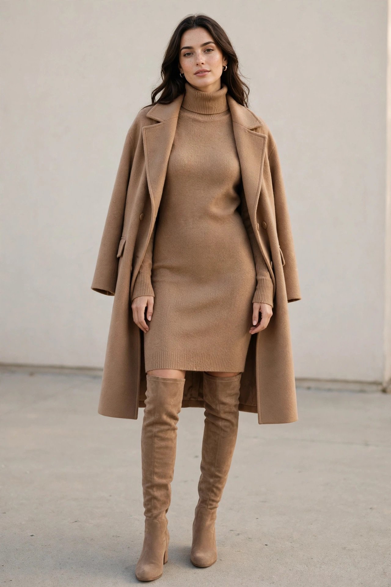 fall sweater outfits - turtleneck sweater dress and over-knee boots