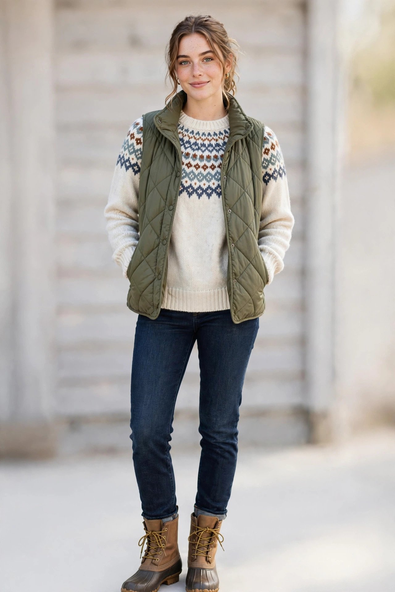 fall sweater outfits - fair isle sweater and bean boots