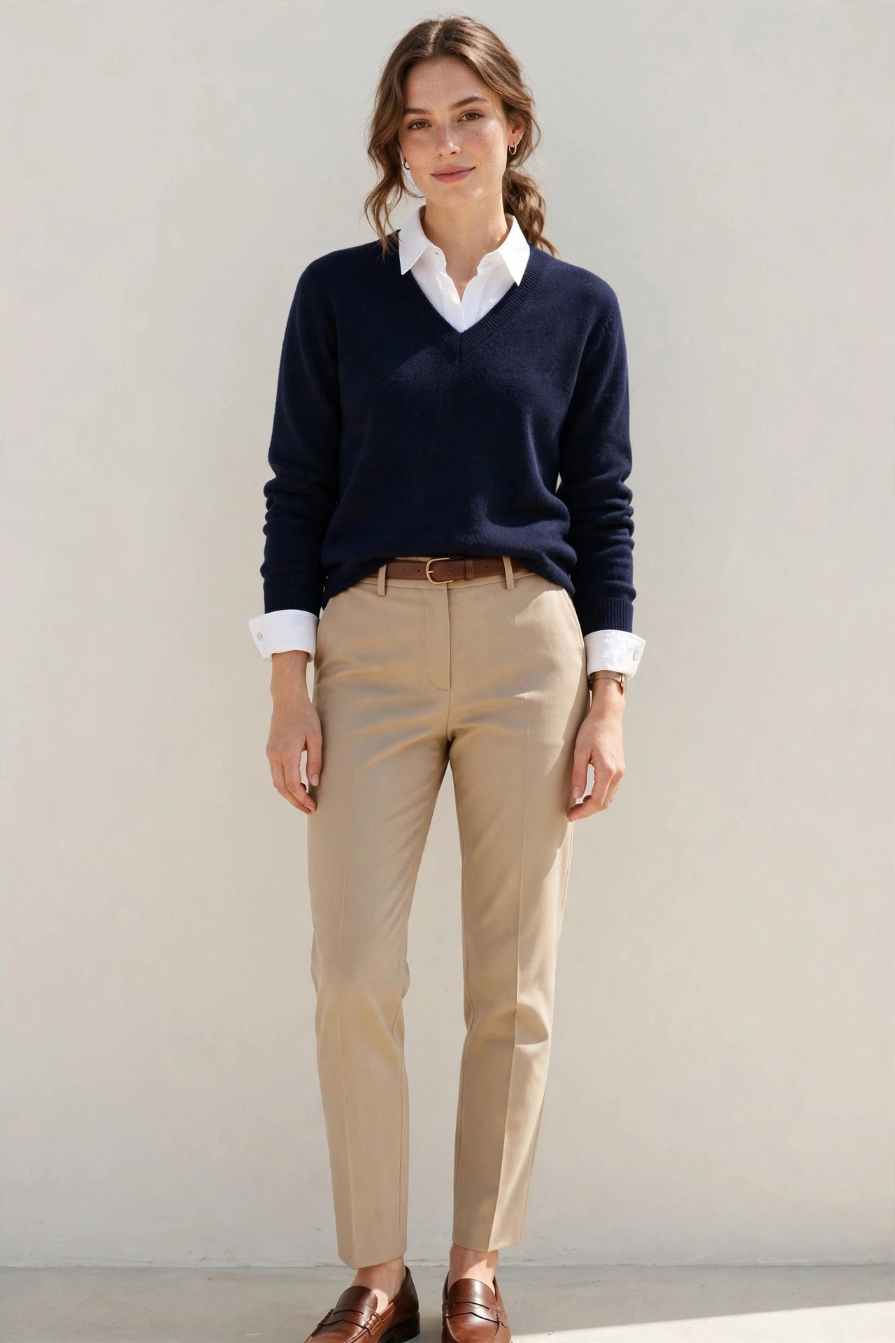 fall sweater outfits - v-neck sweater over a collared shirt