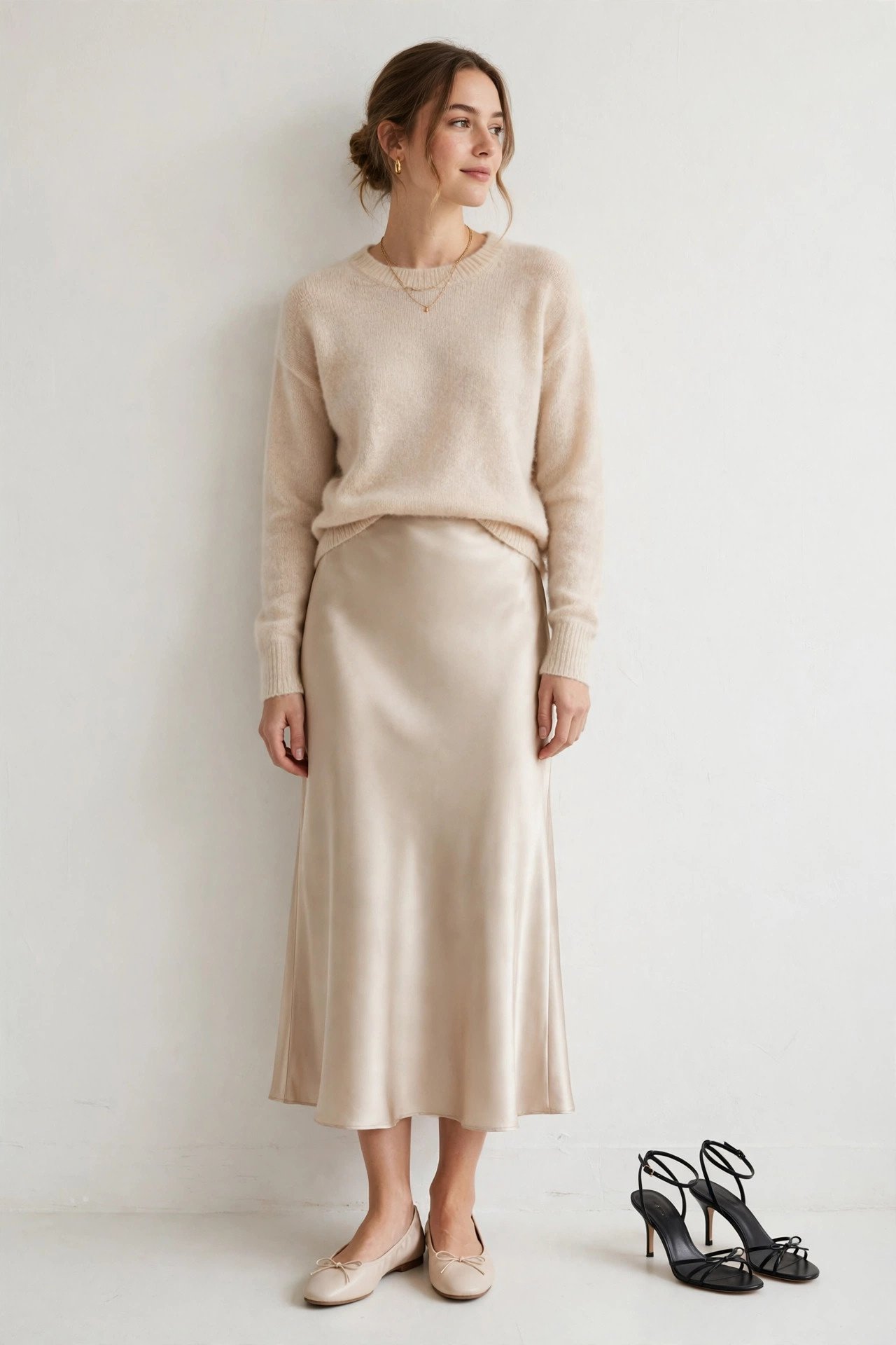 fall sweater outfits - cashmere crewneck and satin skirt