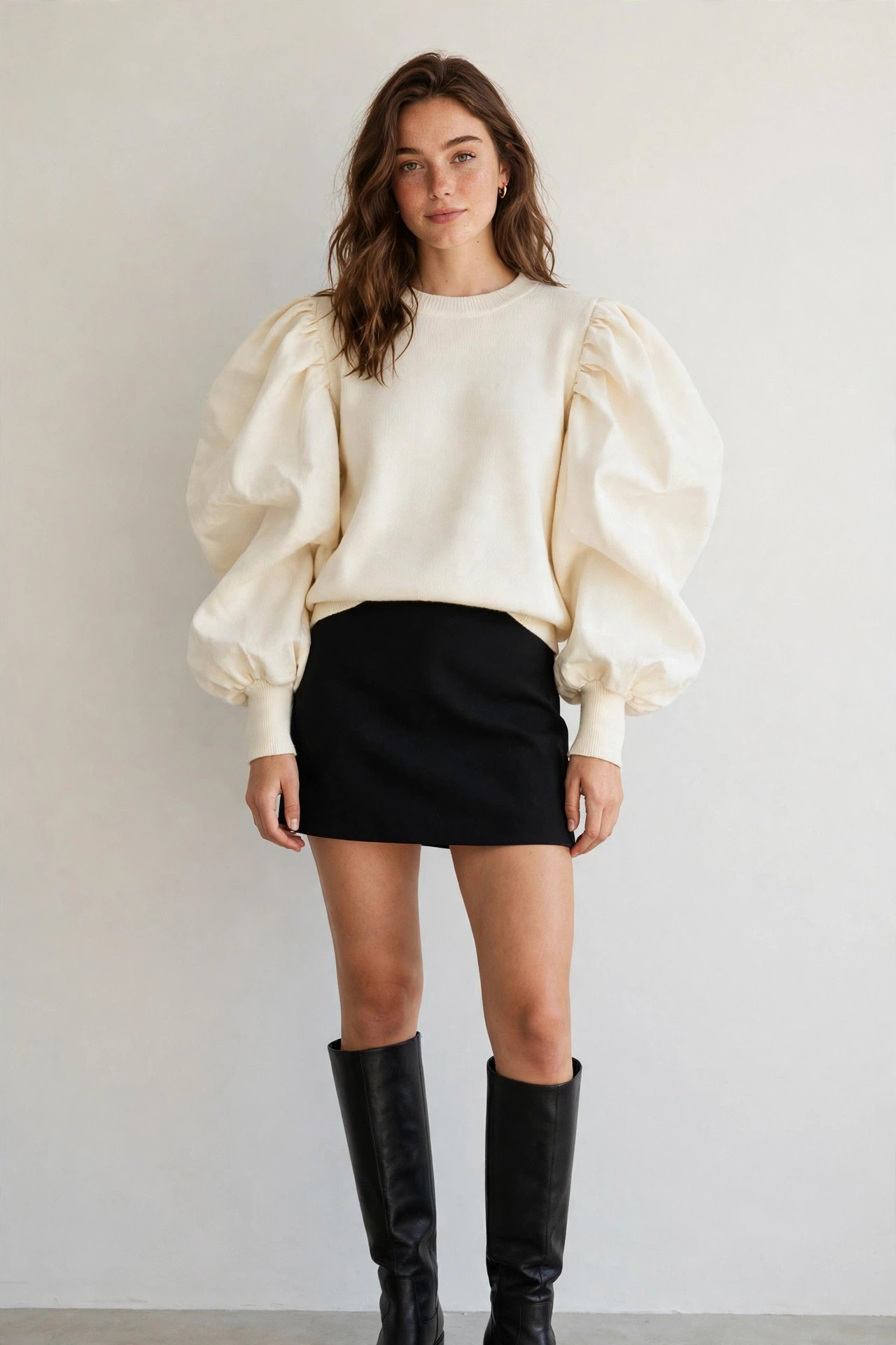fall sweater outfits - balloon-sleeve sweater and mini skirt