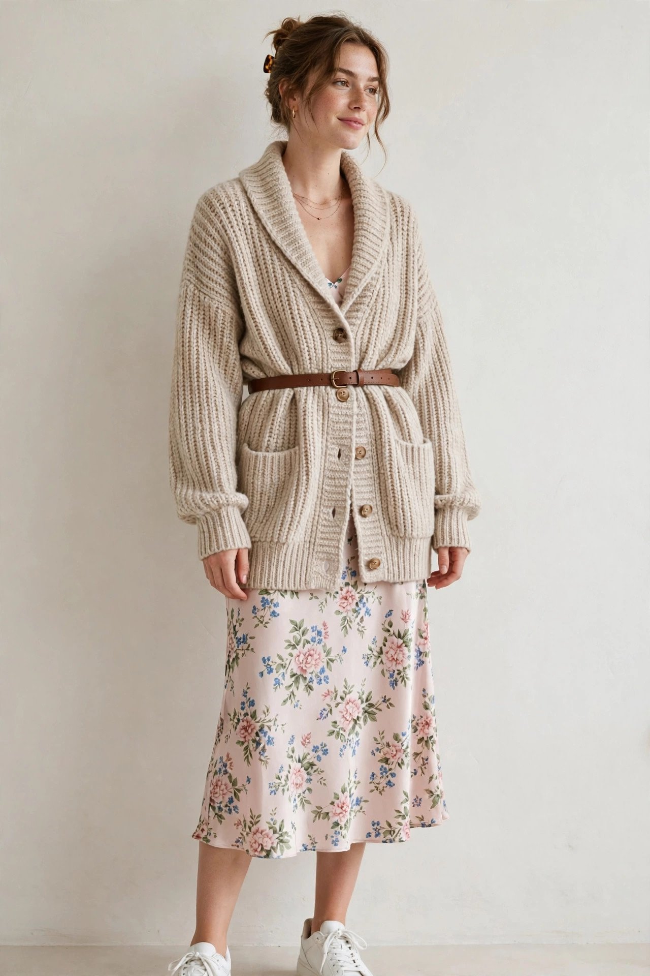fall sweater outfits - grandpa cardigan and slip skirt