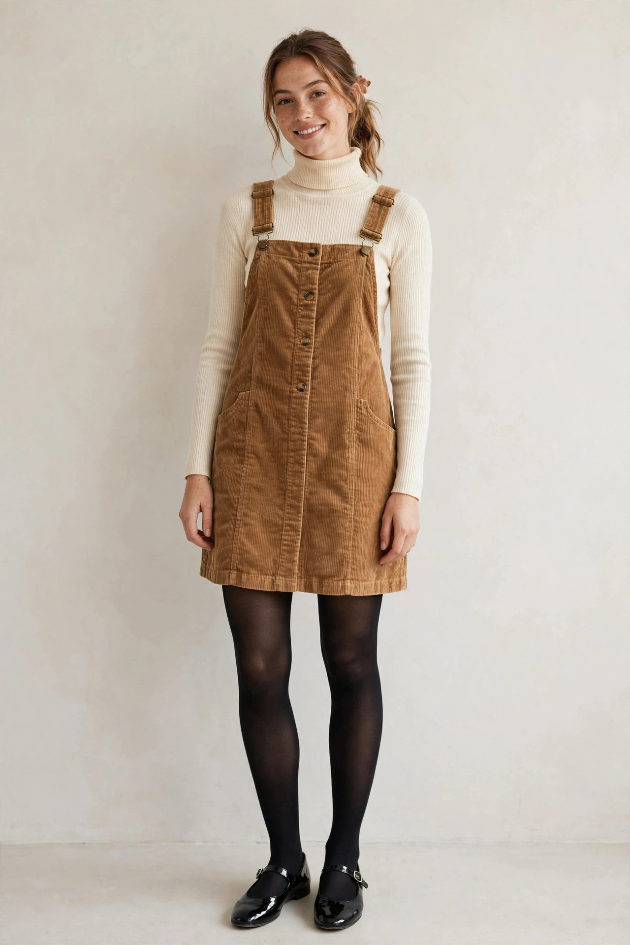 fall sweater outfits - turtleneck under a pinafore dress