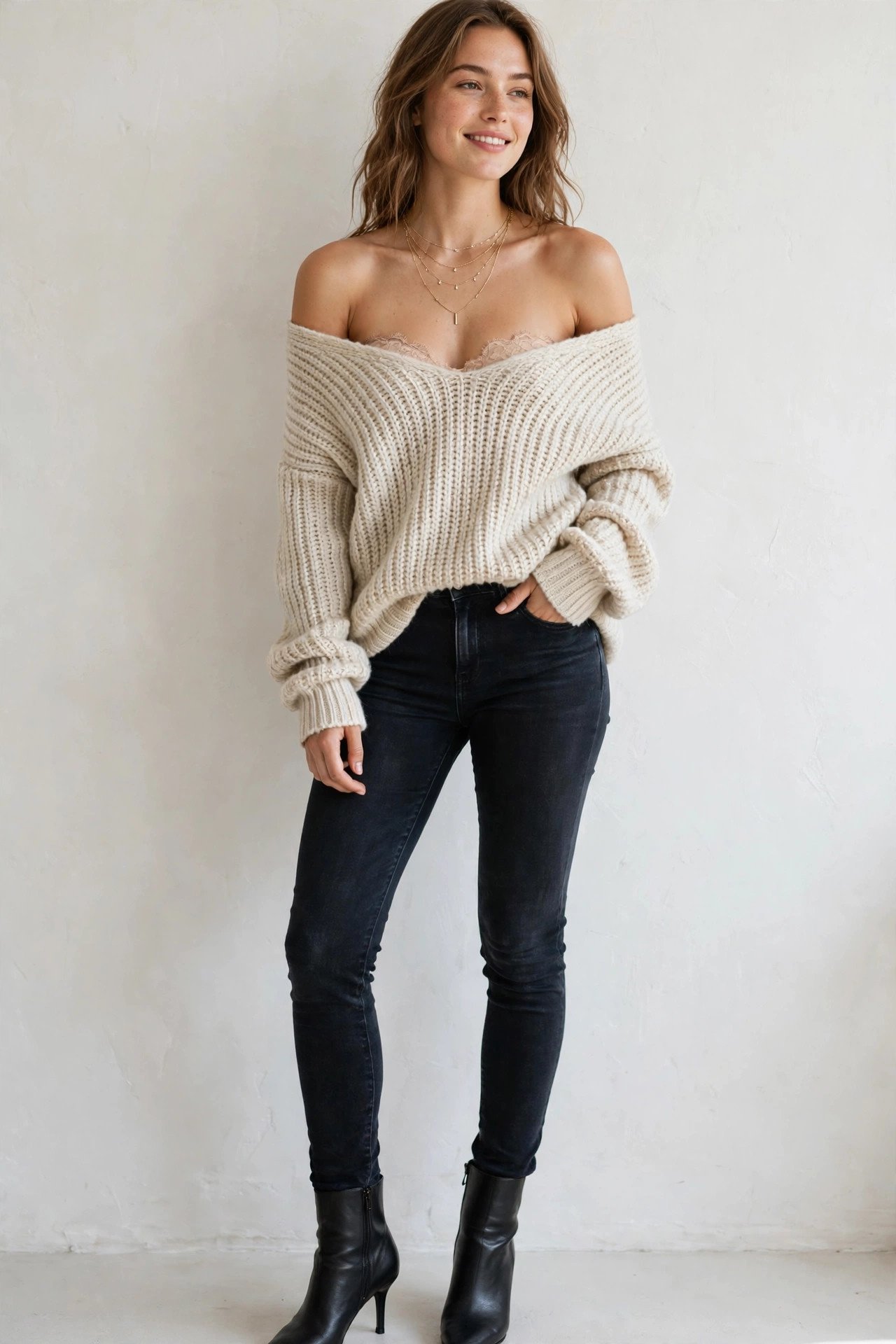 fall sweater outfits - off-shoulder sweater and skinny jeans