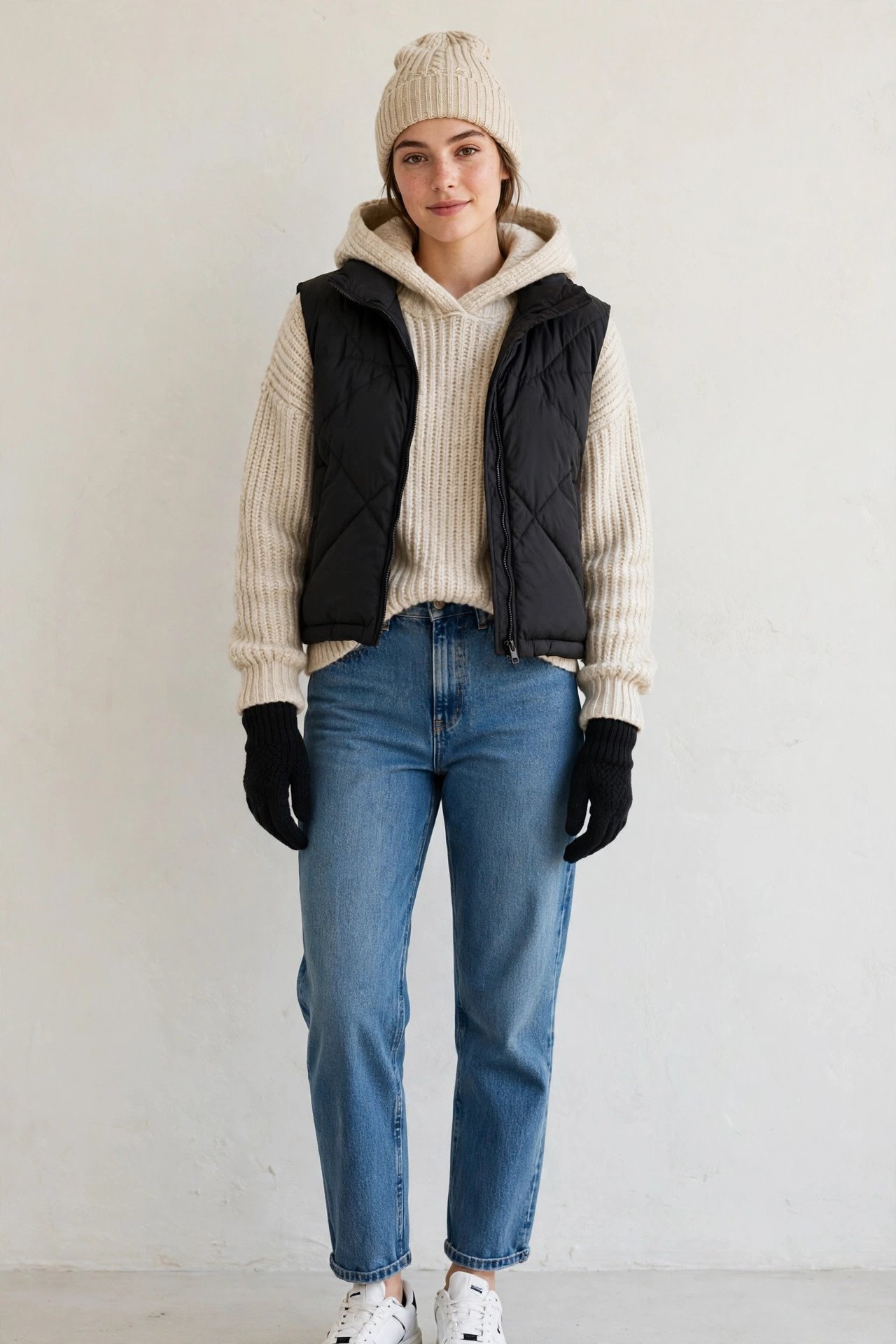 fall sweater outfits - hooded sweater and puffer vest