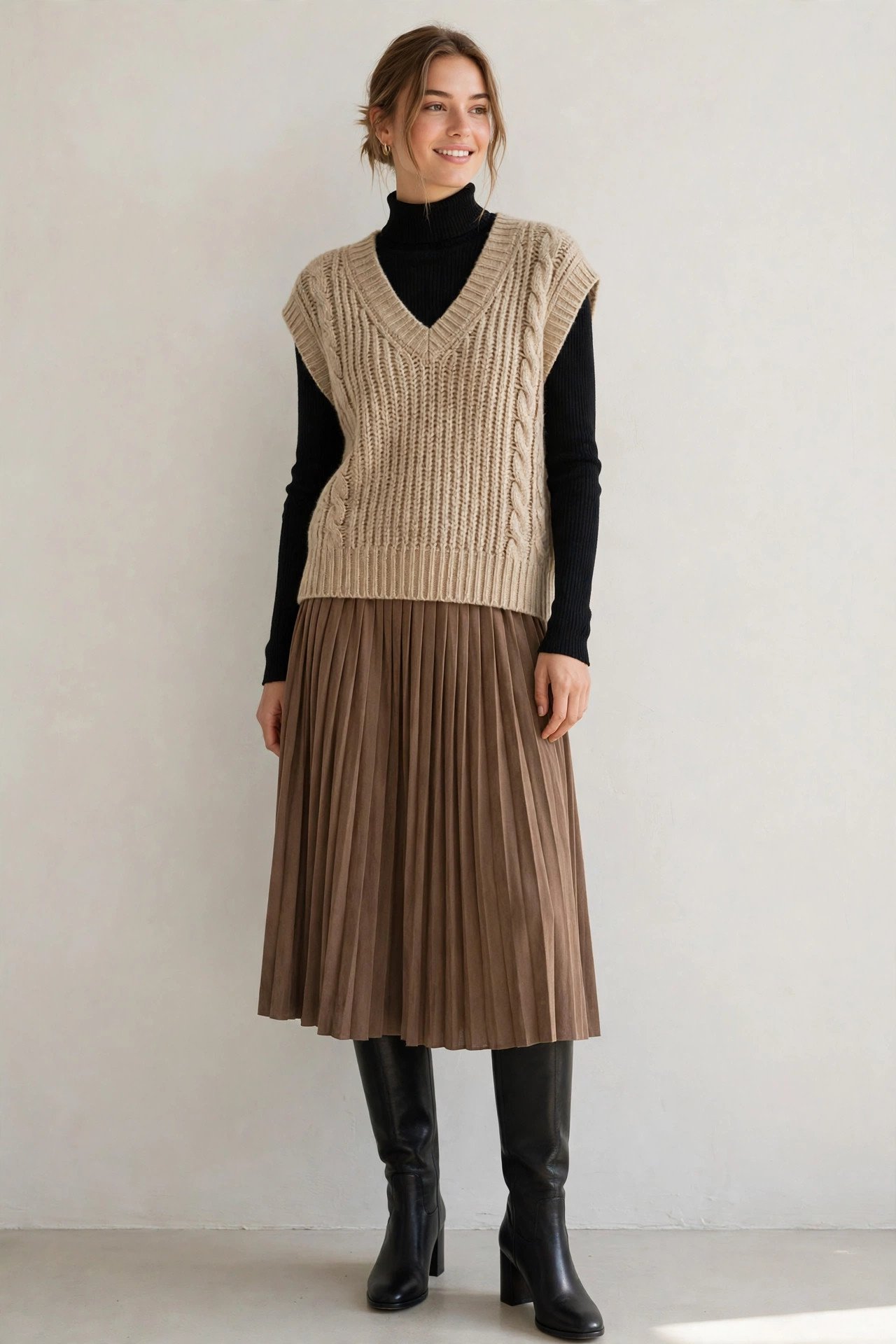 fall sweater outfits - sweater vest over a turtleneck and pleated skirt