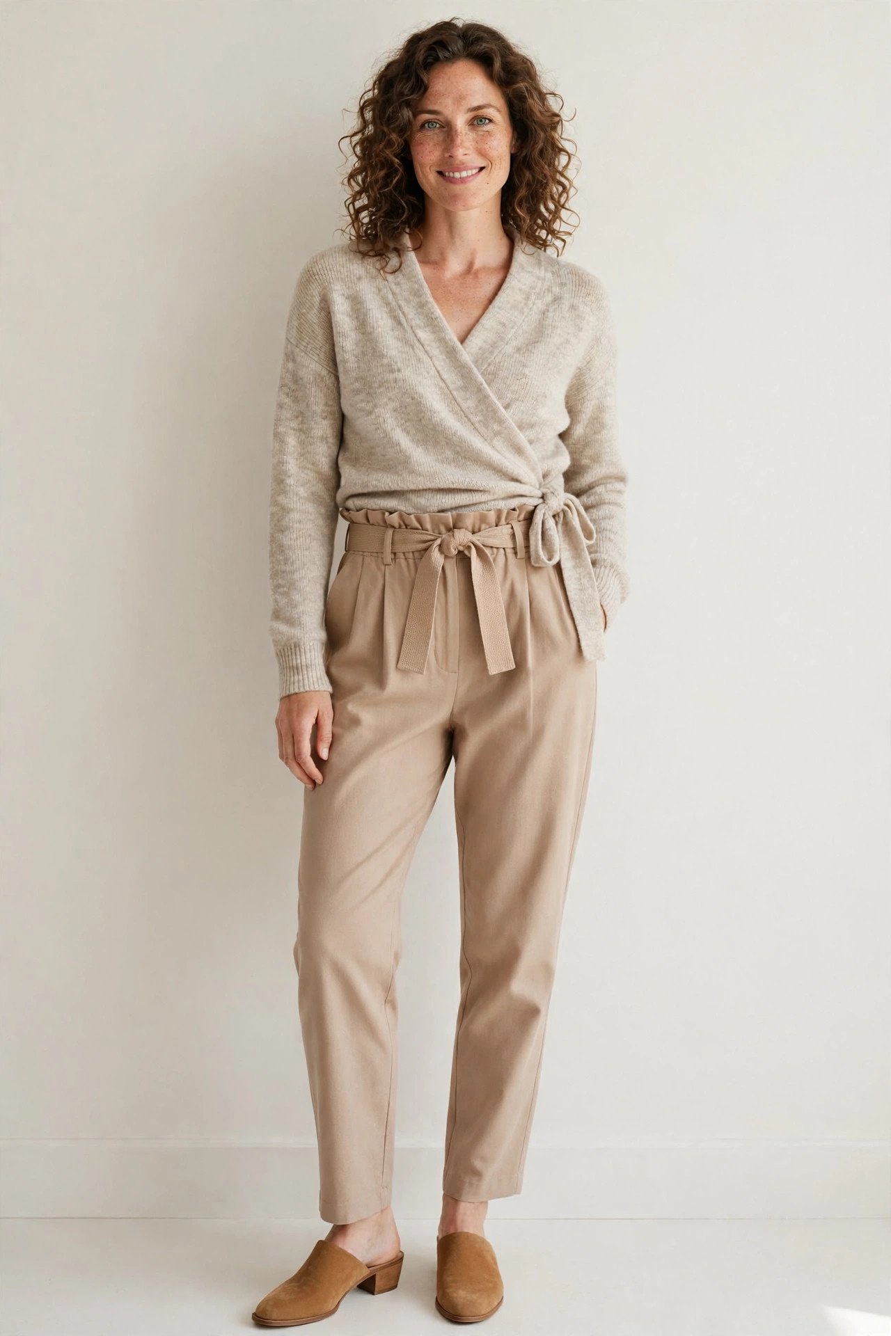 fall sweater outfits - wrap sweater and paperbag trousers