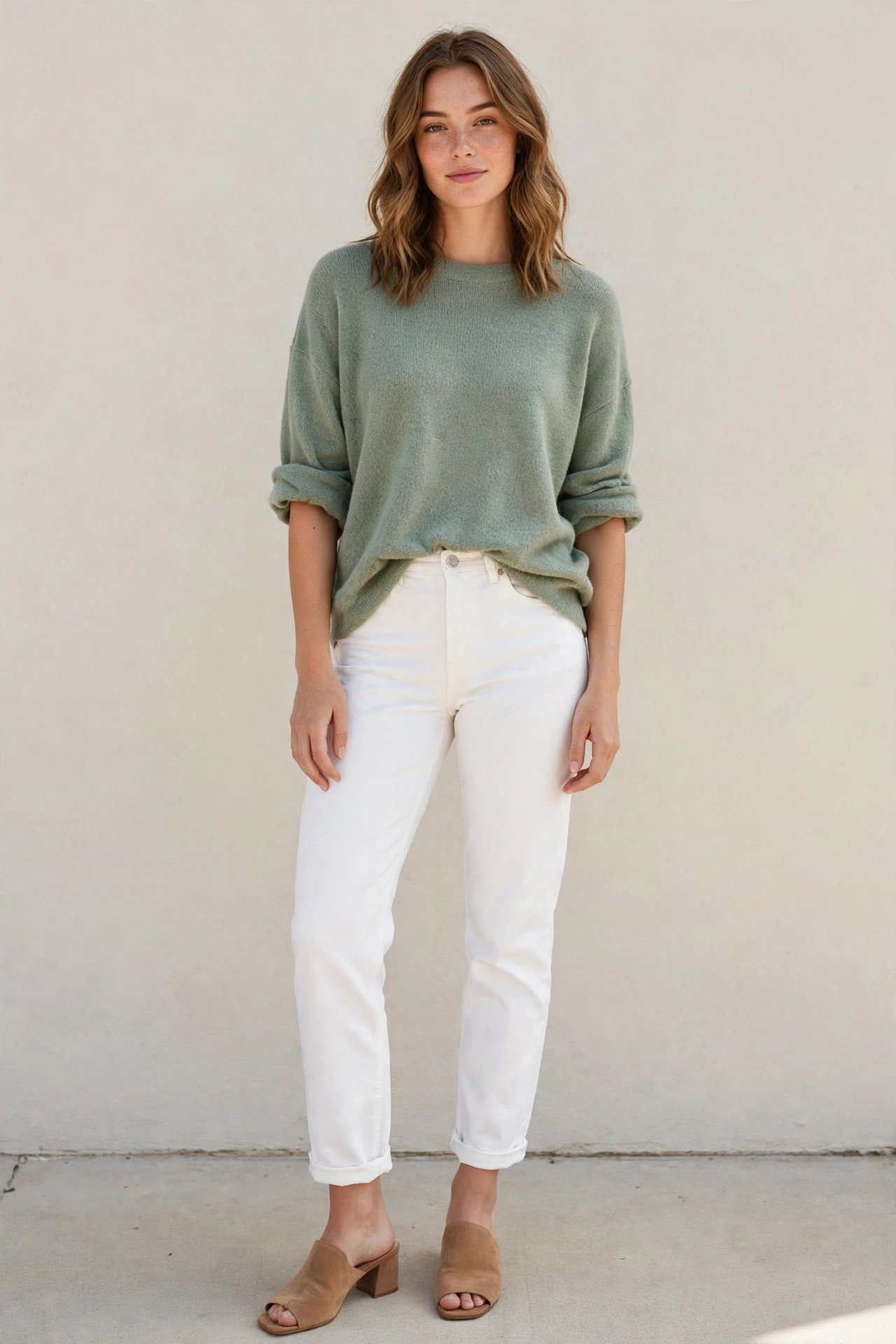 fall sweater outfits - sage sweater and white jeans