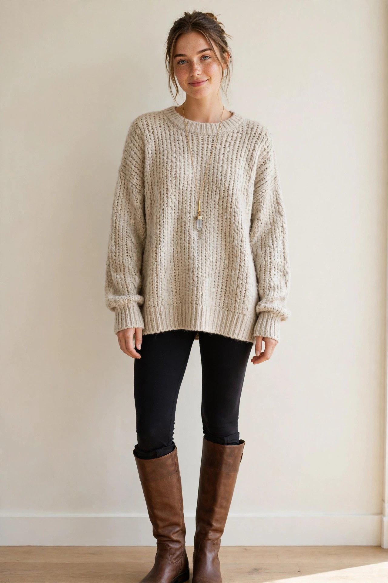 fall sweater outfits - oatmeal sweater and leggings and tall boots