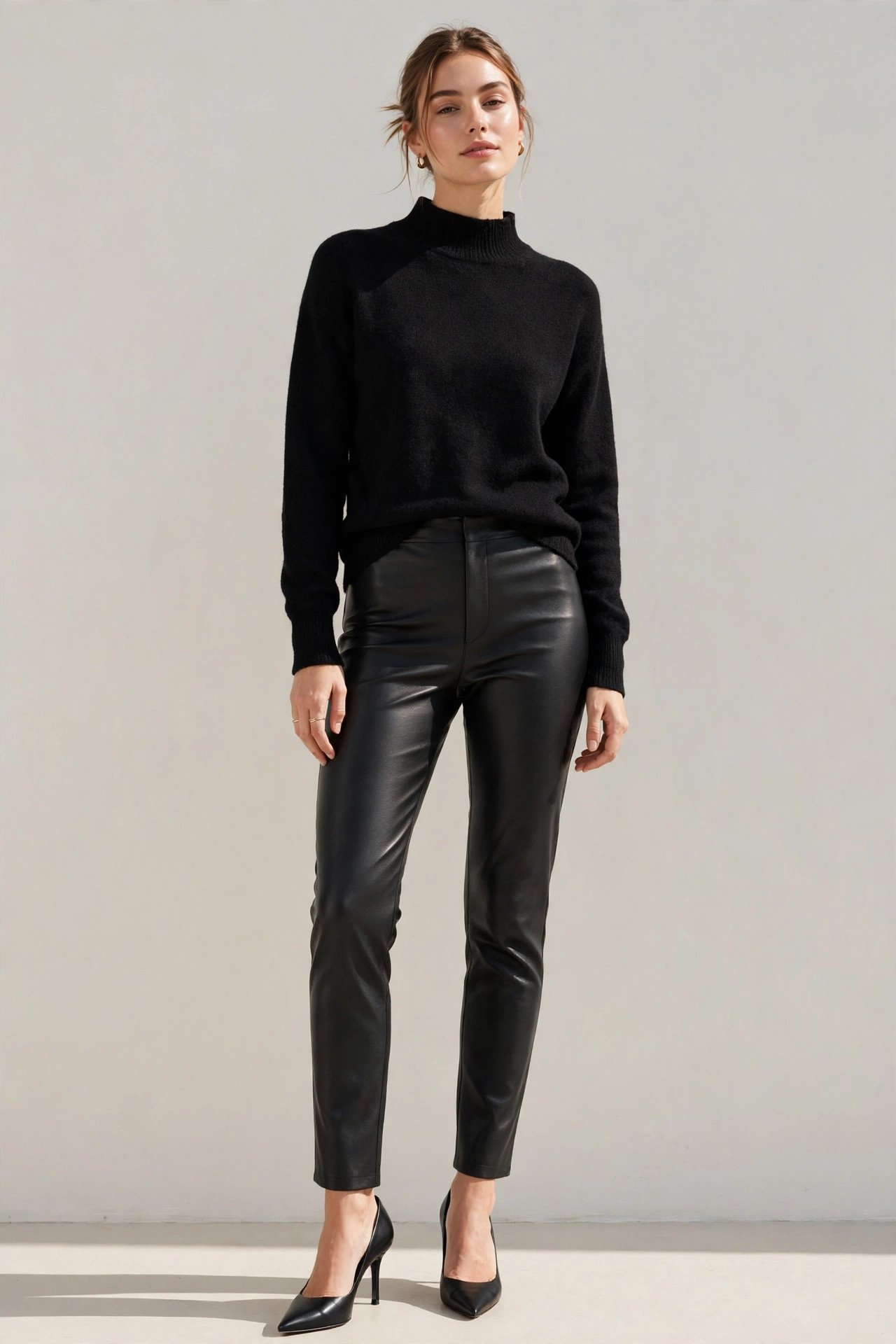 fall sweater outfits - mock-neck sweater and leather pants
