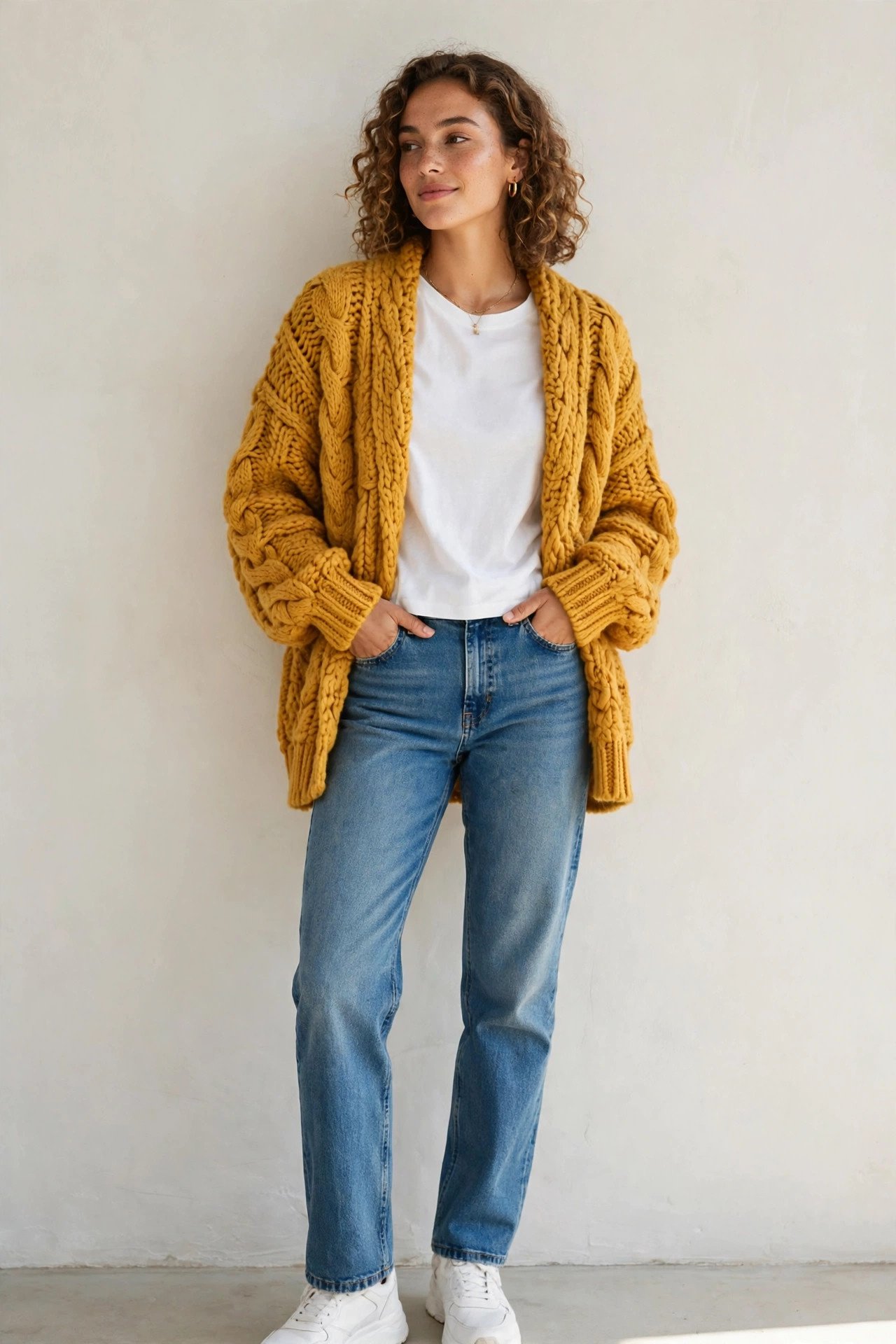 fall sweater outfits - mustard cardigan and tee and jeans